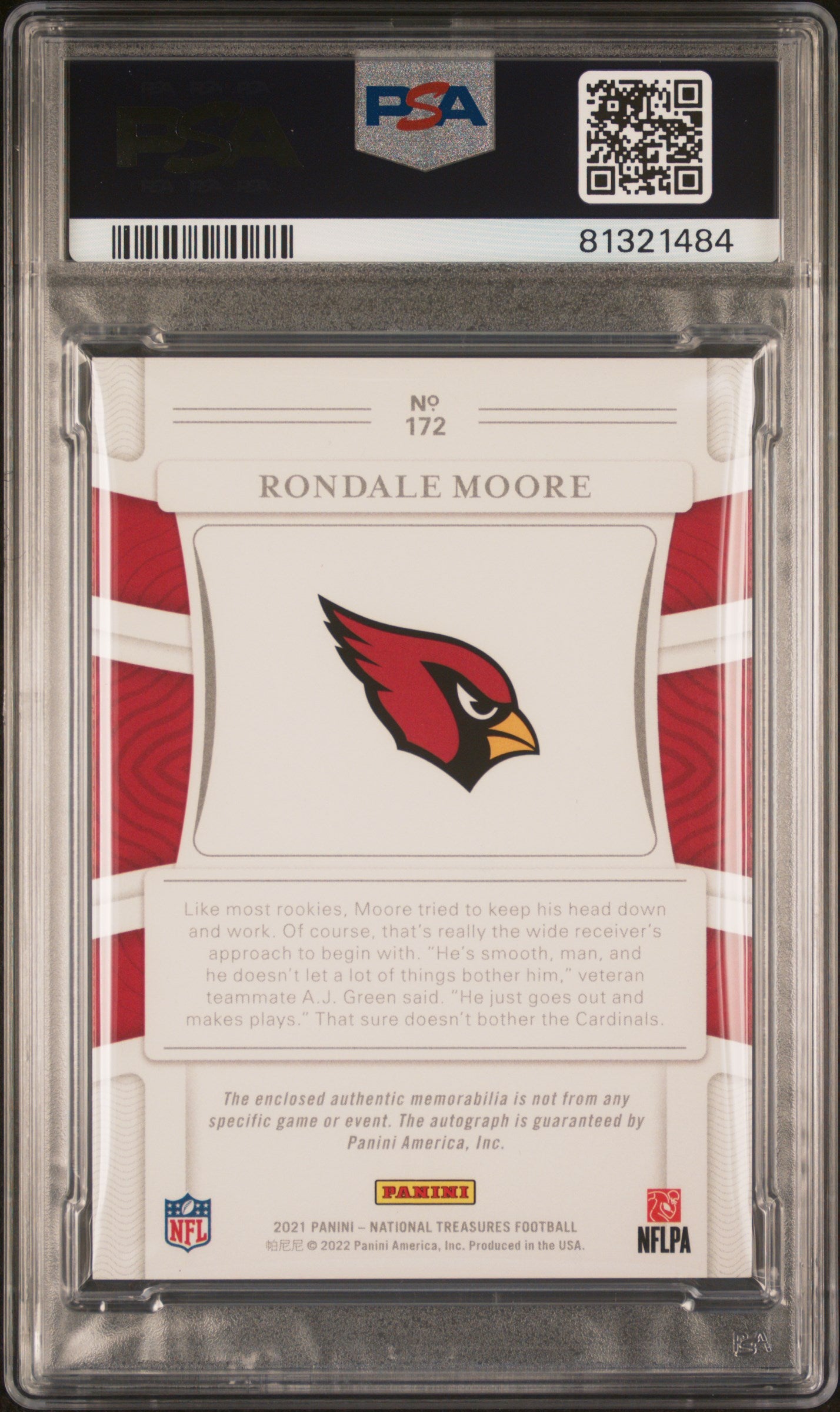 2021 National Treasures Rondale Moore #172 Patch Autograph Purple 42/49 PSA 10