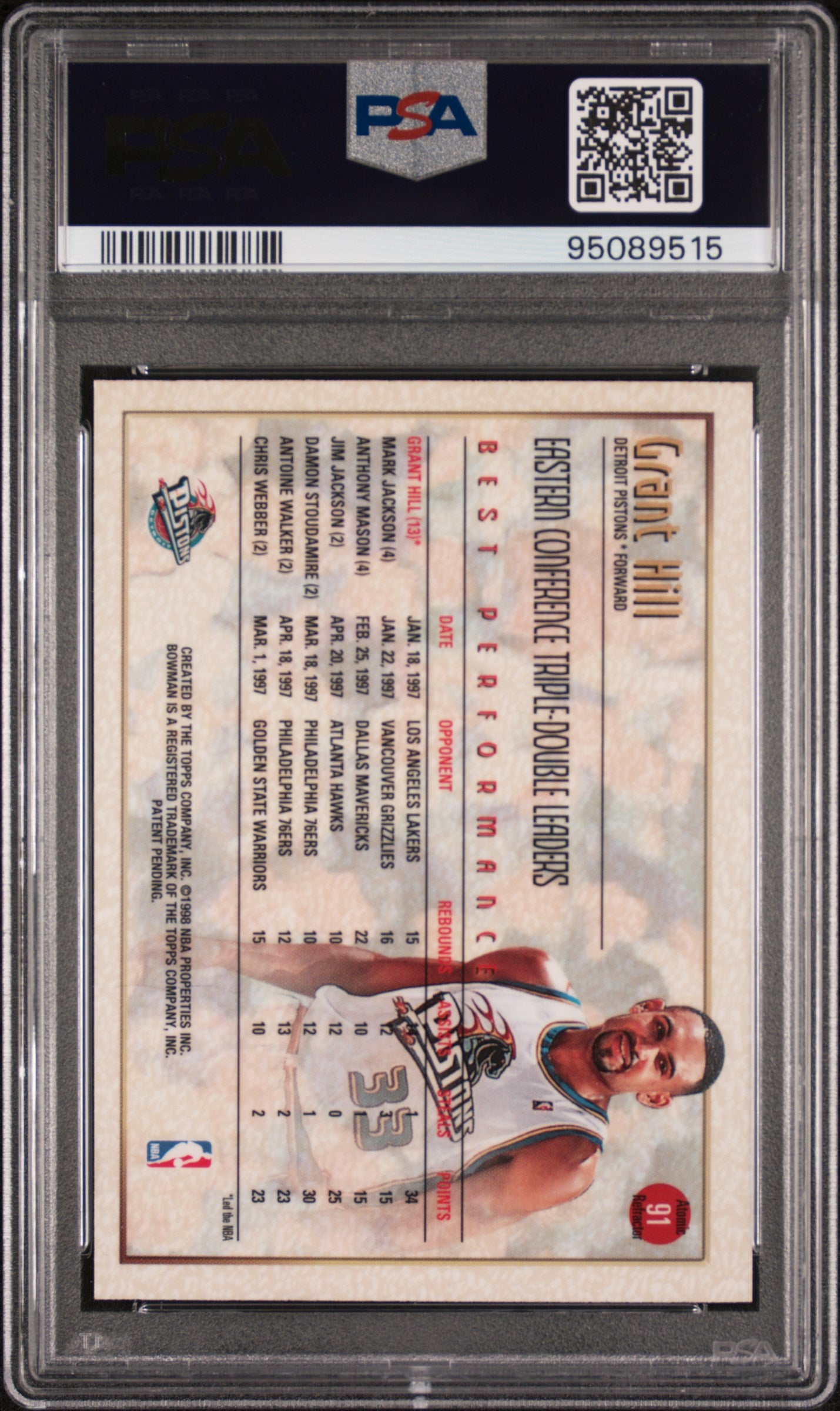 1997 Bowman's Best Grant Hill #91 Atomic Refractor PSA 9 Low Pop