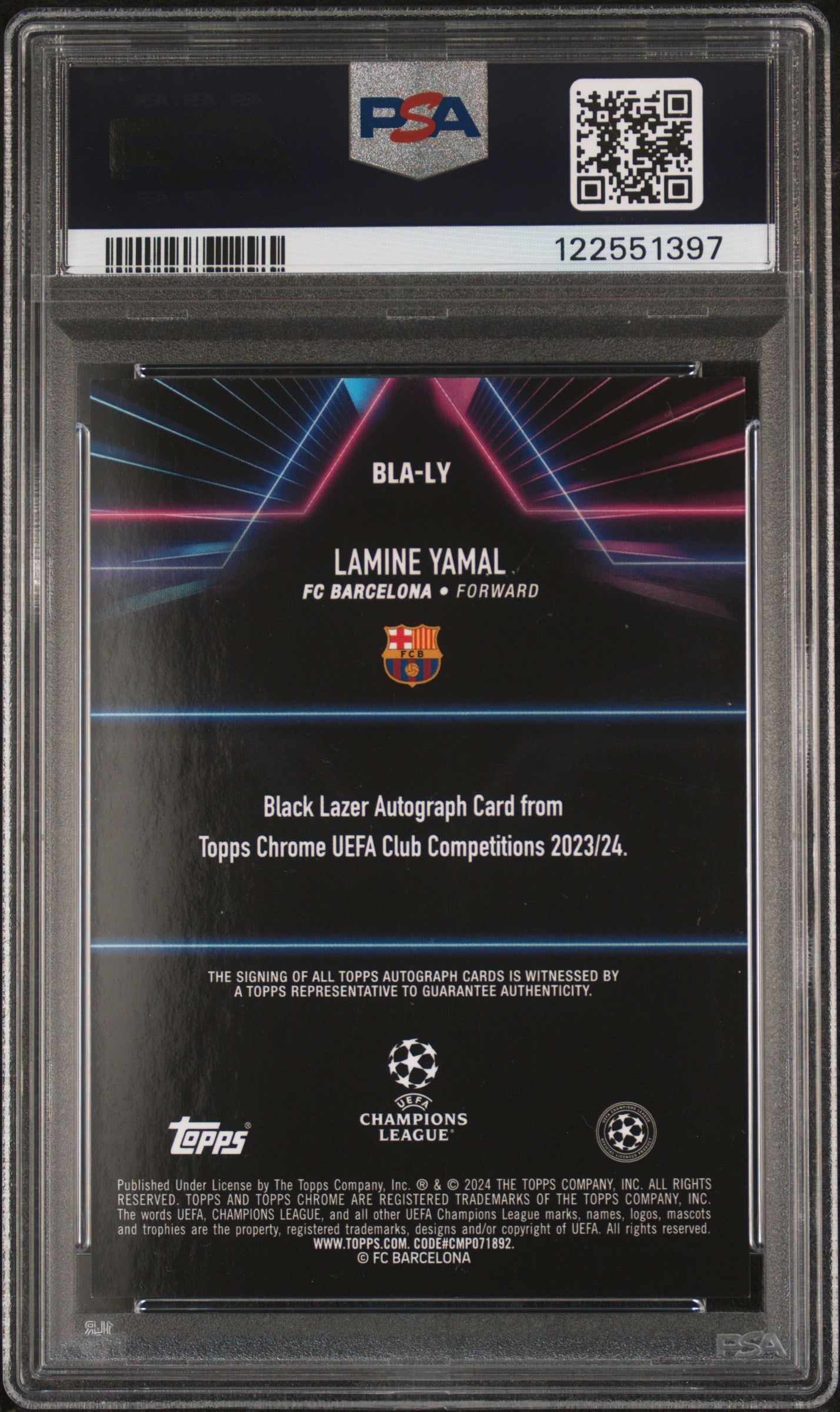 2023-24 Topps Chrome UEFA Black Lazer Autograph Rookie Lamine Yamal Auto PSA 9