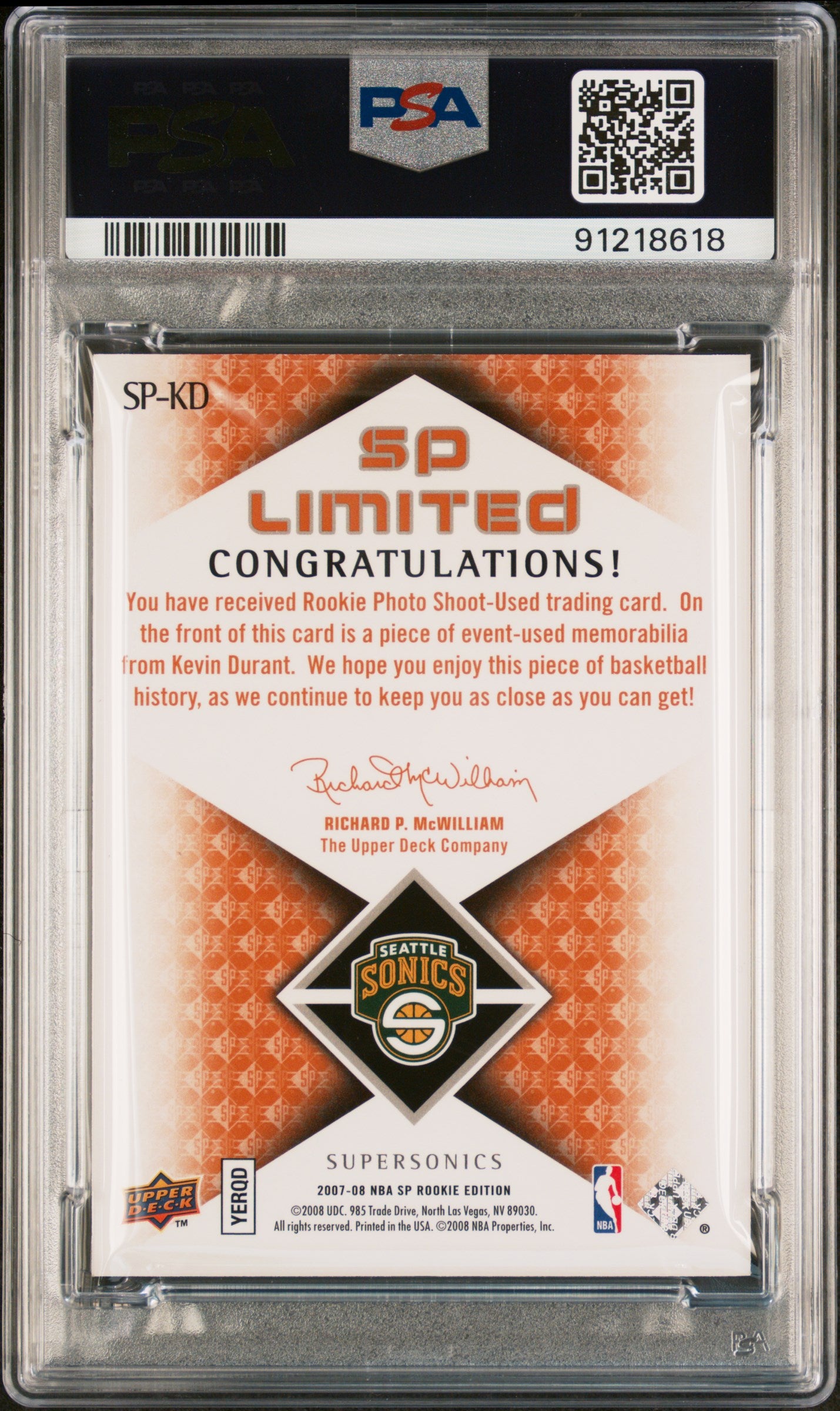 2007 SP Rookie Edition SP Limited Jersey Kevin Durant SP Rookie RC PSA 10 pop 5