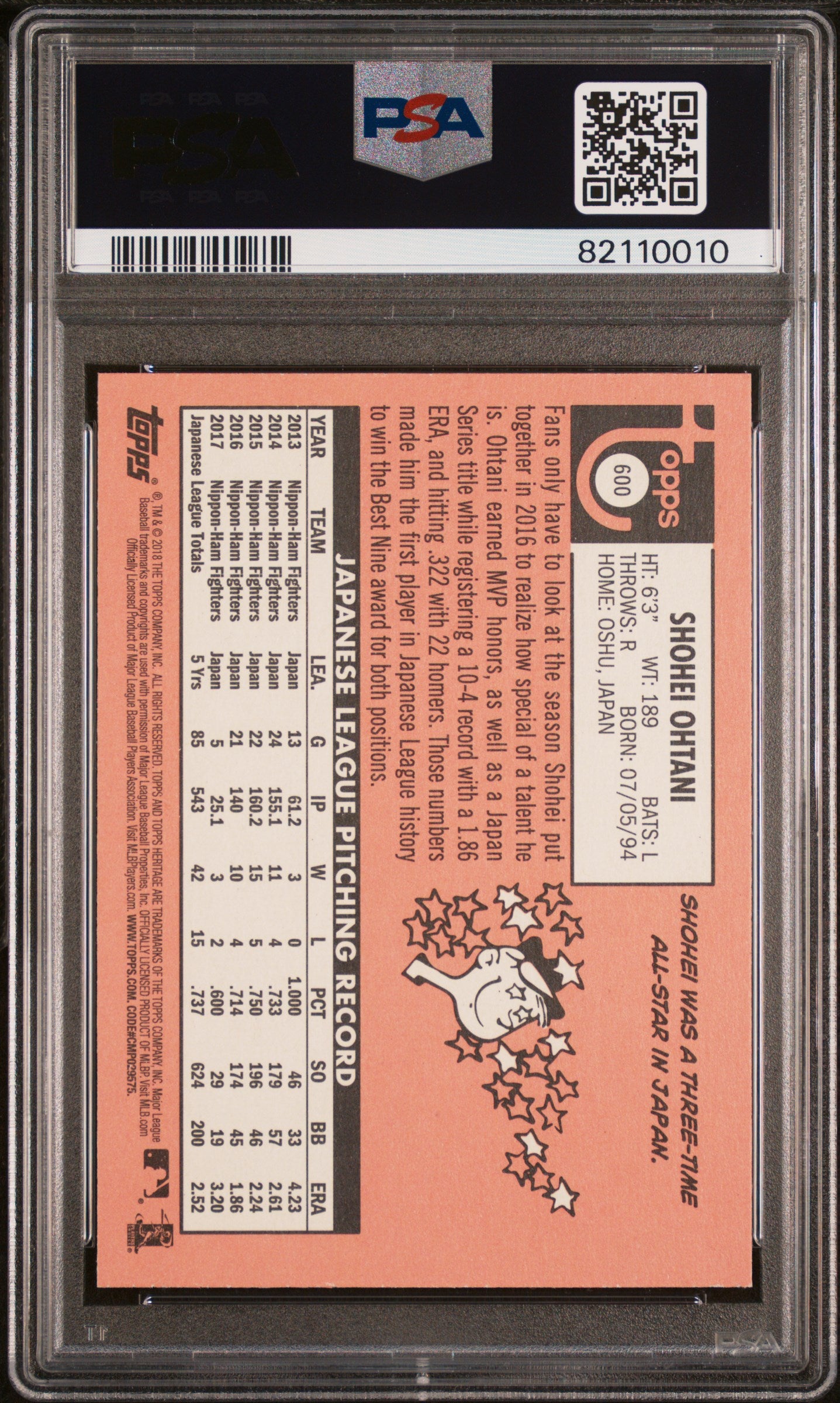 2018 Topps Heritage Shohei Ohtani #600 Rookie RC Portrait PSA 10 Gem MInt