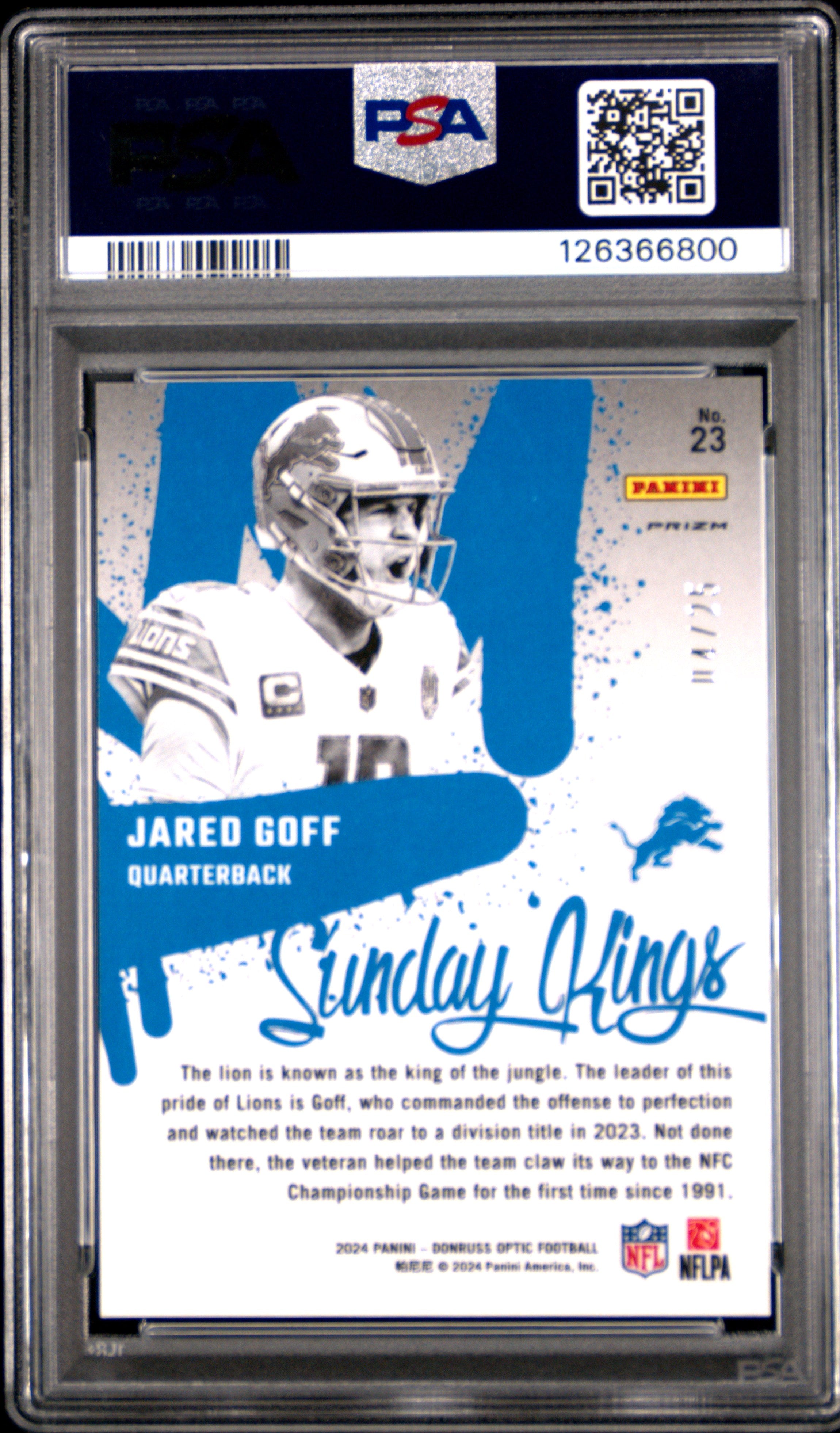2024 Panini Donruss Optic Sunday Kings Jared Goff #23 Black Pandora /25 Sunday Kings Gem Mint Black pandora Parallel/Variety Highest Pop Low Pop PSA 10