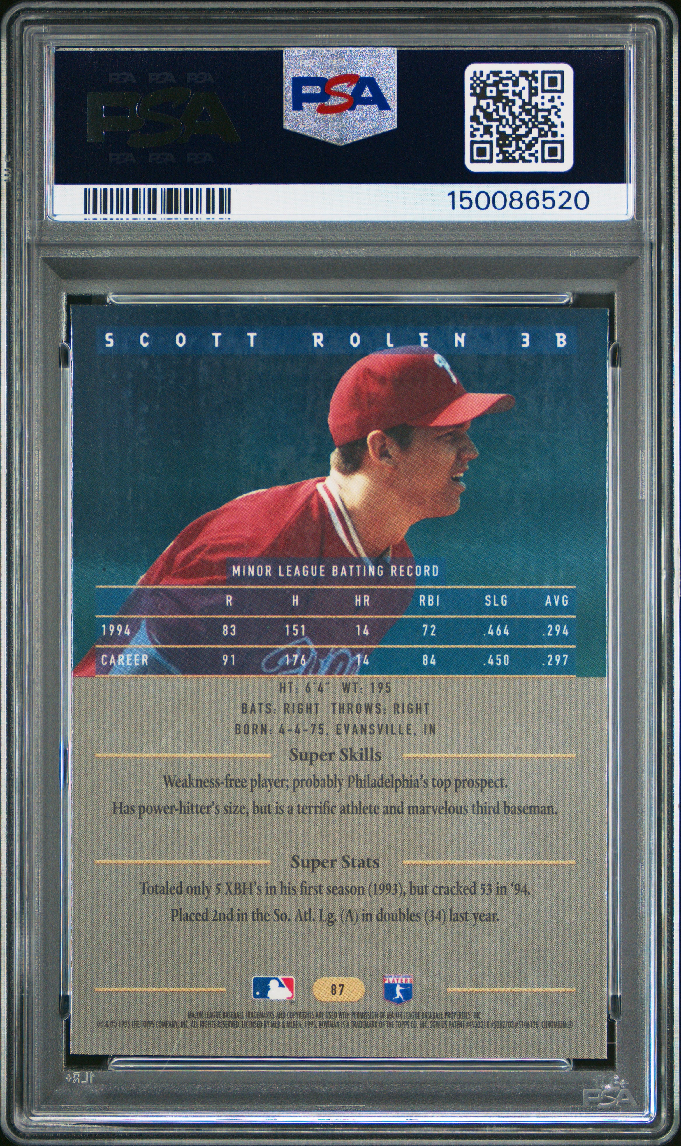 1995 Bowman's Best Scott Rolen #87 Blue Rookir RC PSA 10 Gem Mint Phillies