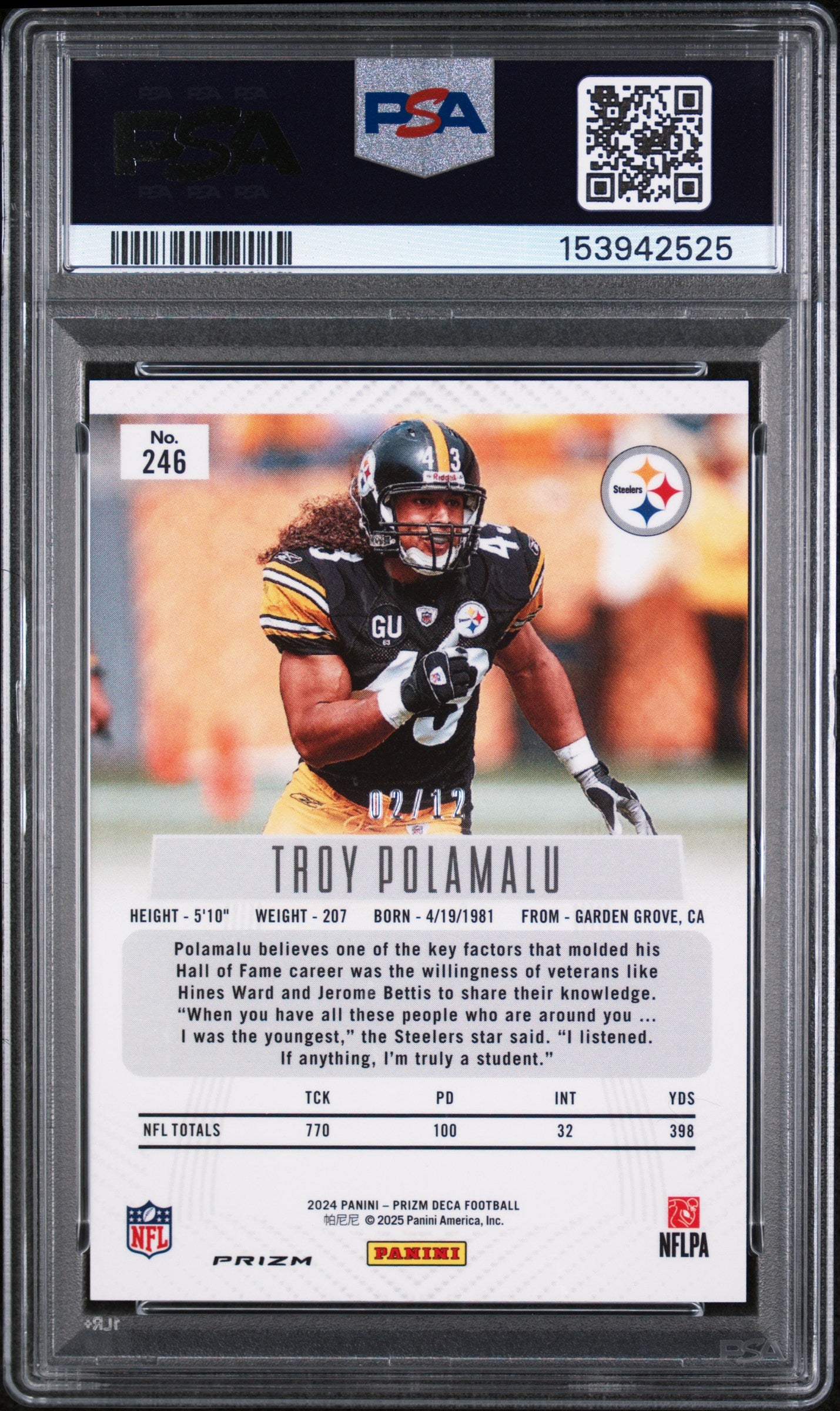 2024 Panini Prizm Deca Troy Polamalu #246 Green Shimmer Fotl #/12 PSA 9