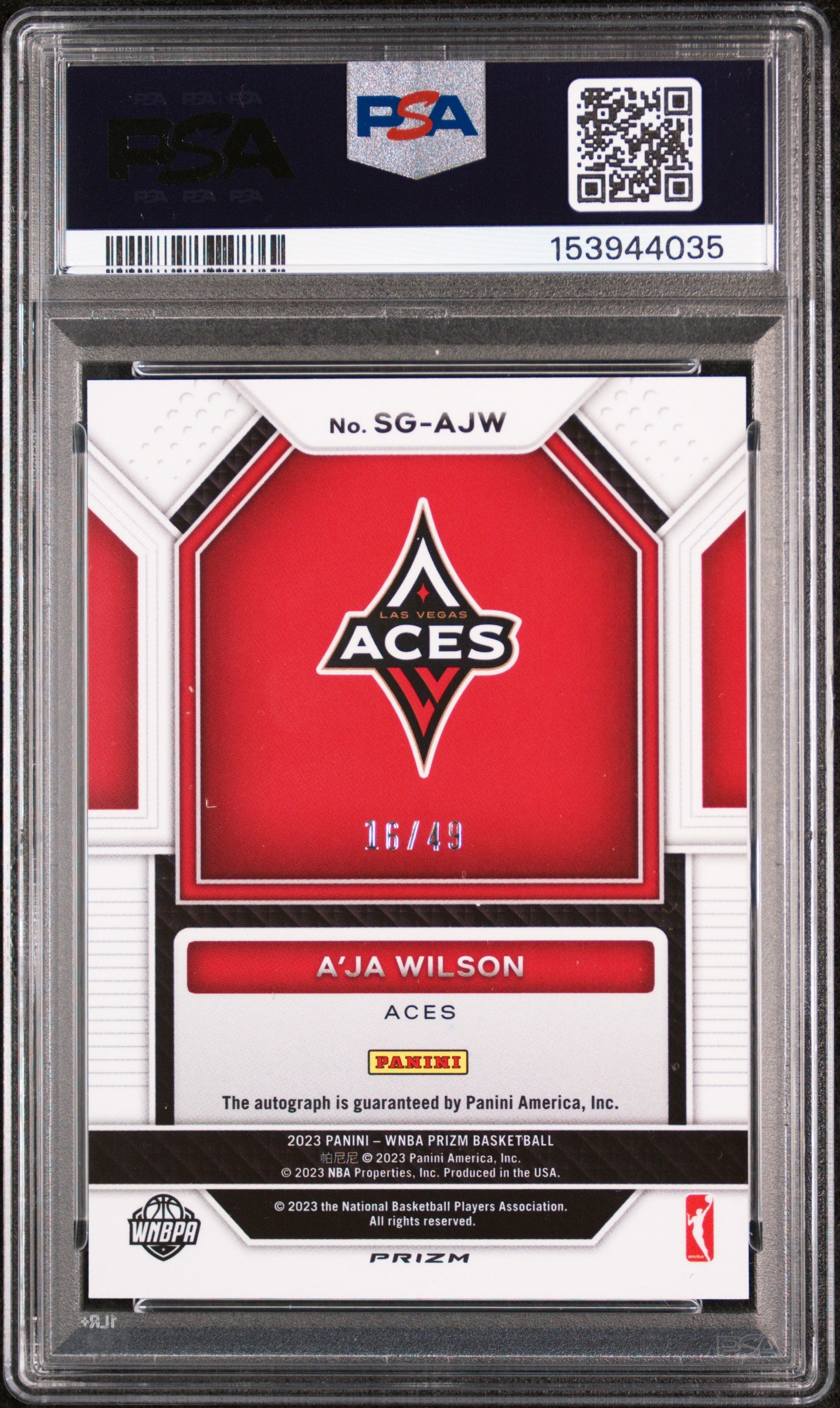 2023 Panini Prizm WNBA Signatures A'ja Wilson Blue #/49 PSA 10 Auto 10 POP 1