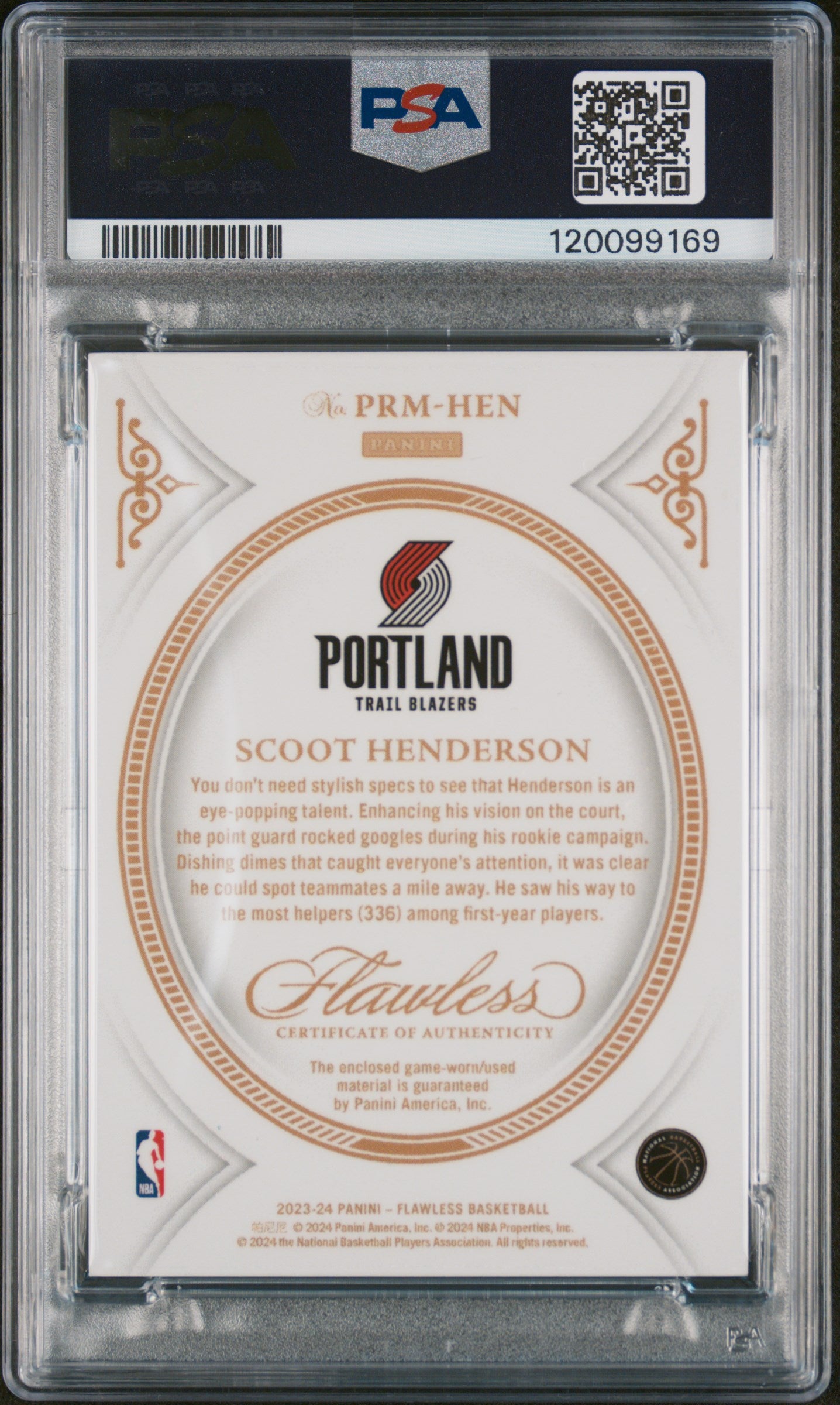 2023 Flawless Premium Mem Scoot Henderson Rookie Platinum Patch #1/1 PSA 10