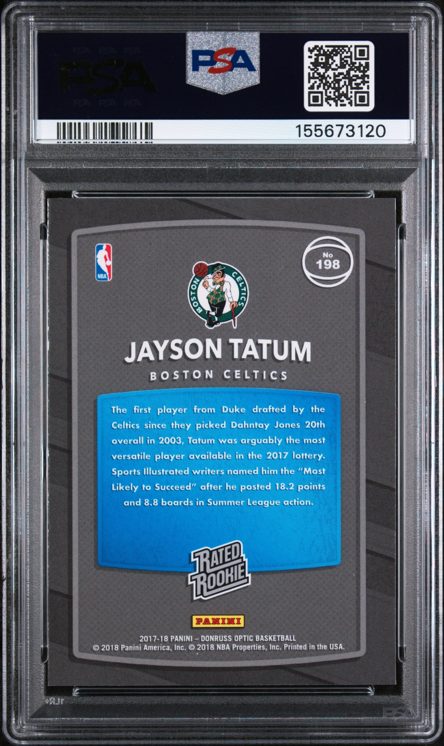 2017 Panini Donruss Optic Jayson Tatum #198 Rookie Rated RC PSA 10 Gem Mint