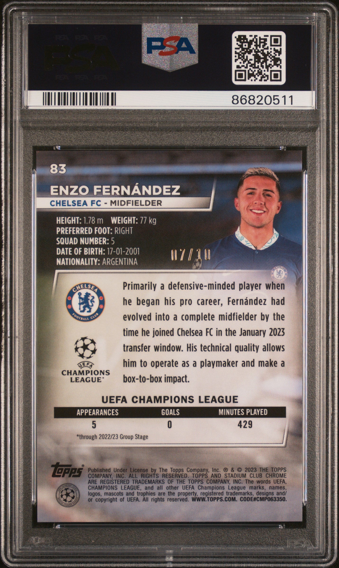 2022 Stadium Club Chrome RC Auto Enzo Fernandez Orange Ref #/10 PSA 10 Argentina