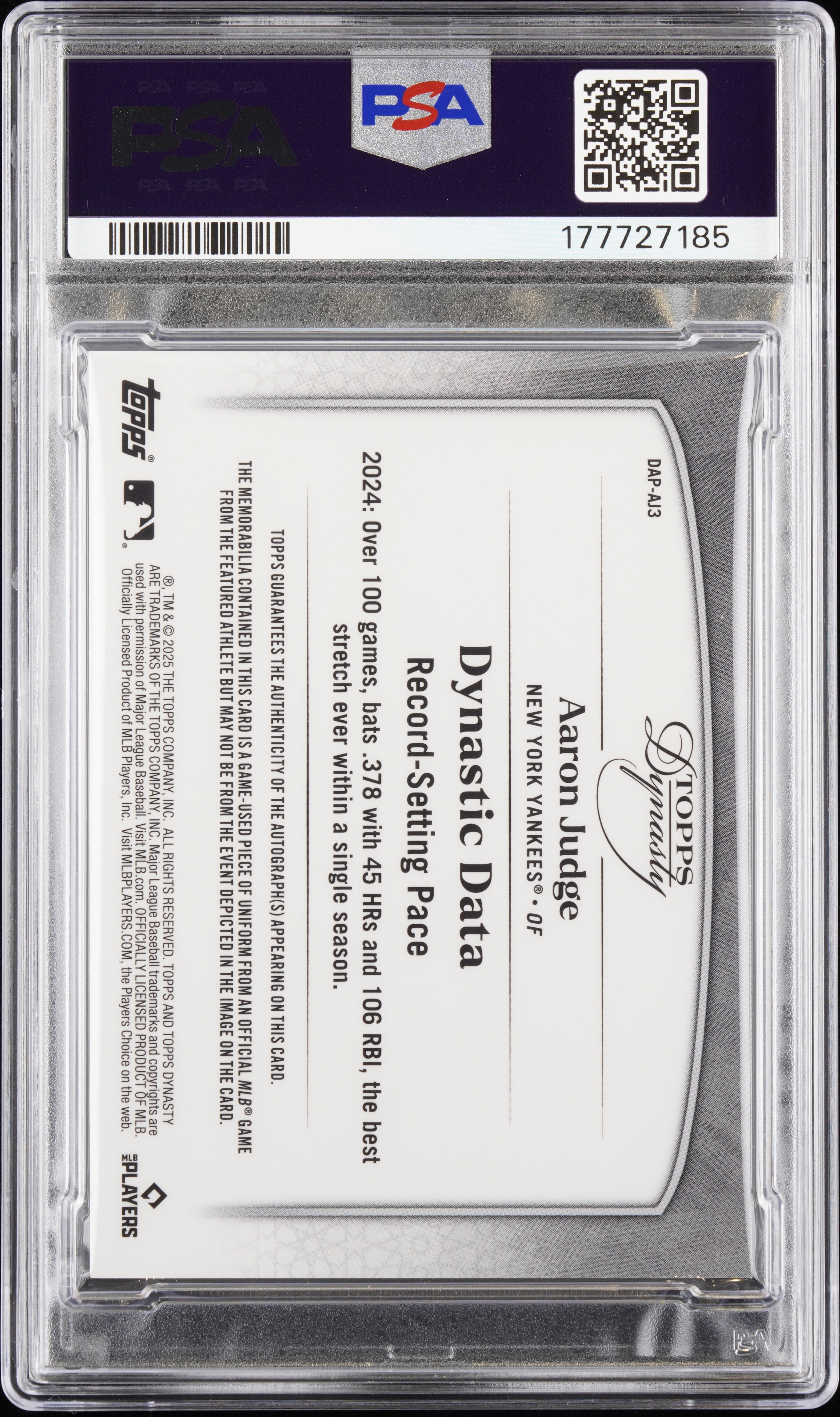 2025 Topps Dynasty Autograph Patch Aaron Judge Silver #/5 Pop 1 PSA 10 Auto 9