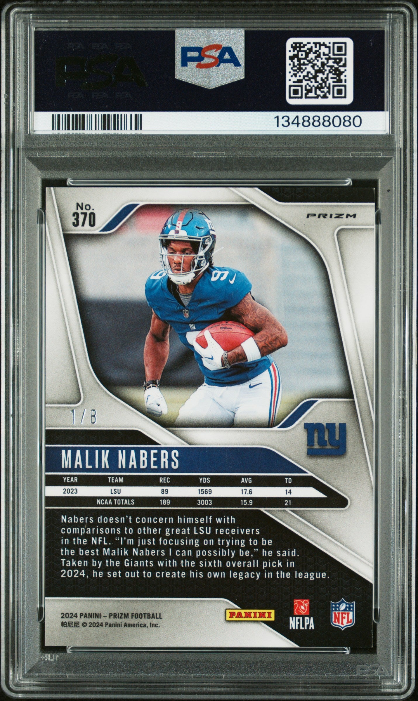 2024 Panini Prizm Malik Nabers #370 Green Sparkle #1/8 Rookie RC PSA 8.5 Giants