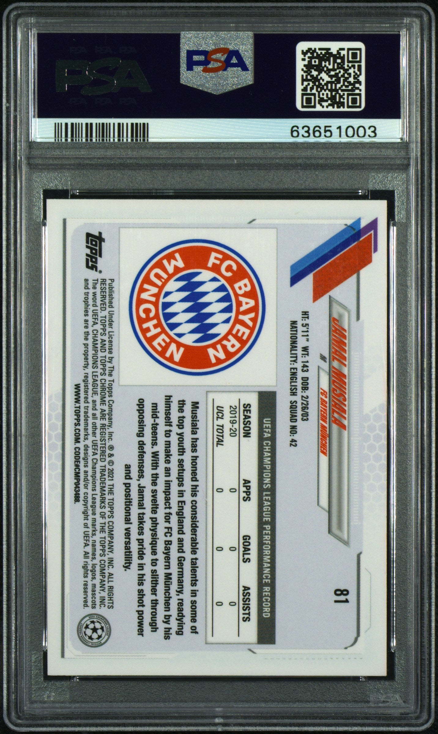 2020 Topps Chrome UEFA Jamal Musiala #81 Gold Bubbles Refractor Rookie SP PSA 10