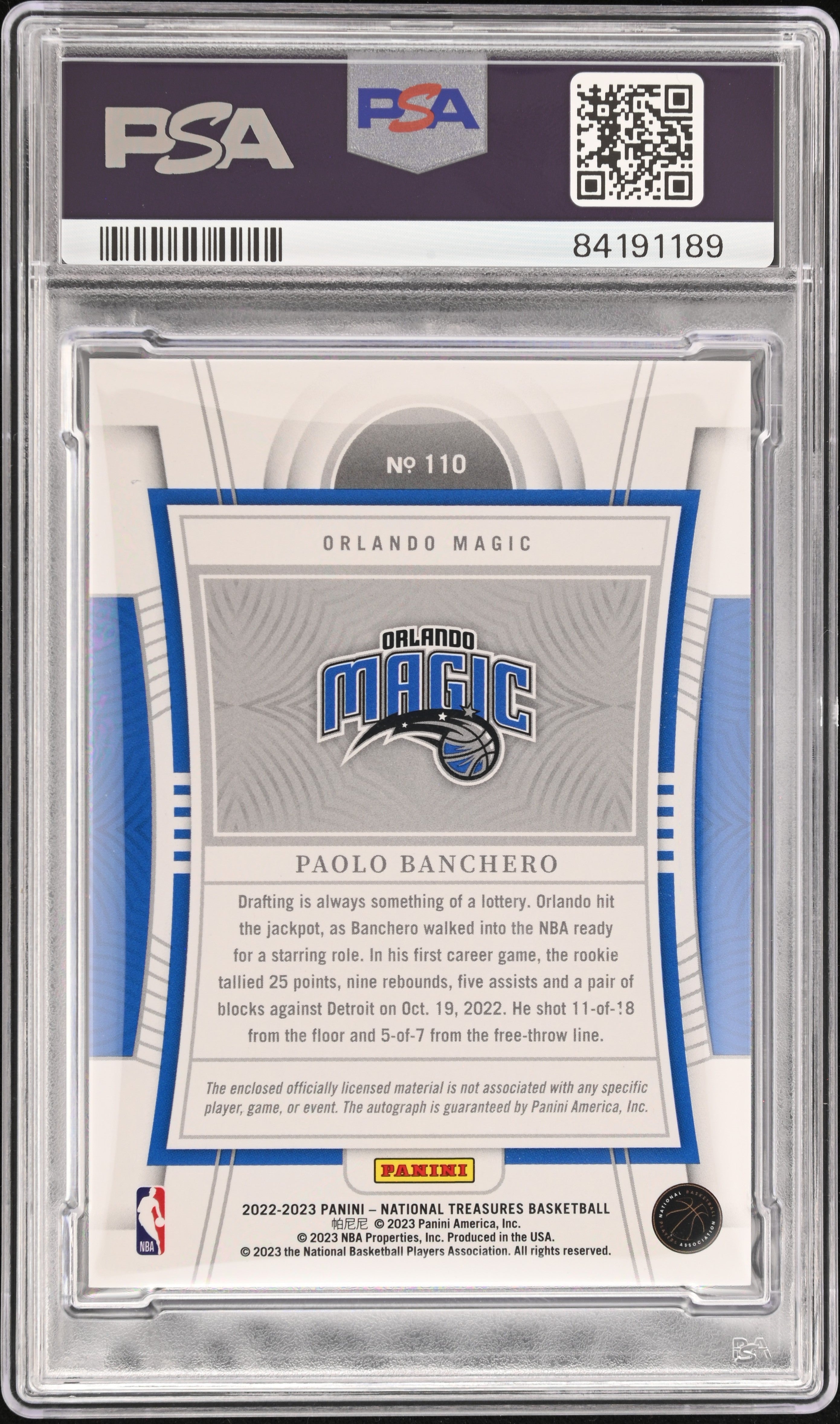 2022 National Treasures Paolo Banchero #110 PSA 9 Rookie Auto Patch #/49 Mint