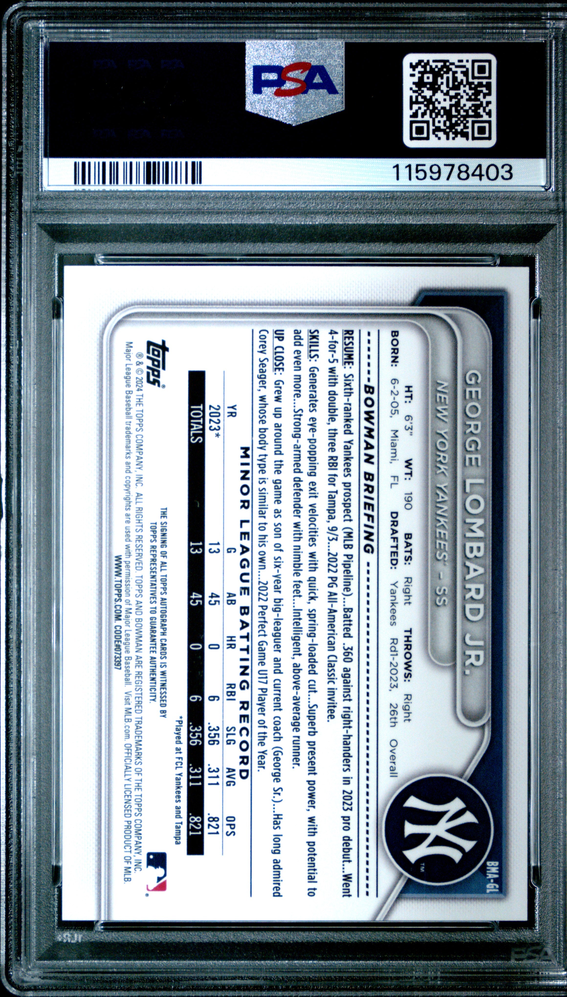 2024 Bowman Mega Box Chrome Mega Auto George Lombard Green RC Ref 13/99 PSA 10