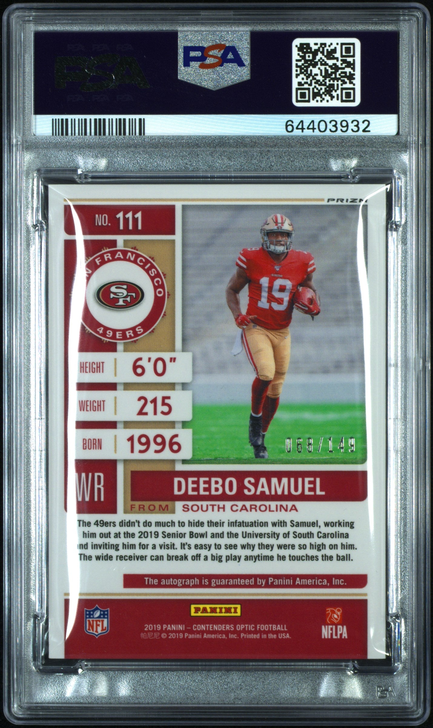 2019 Panini Contenders Optic Deebo Samuel #111 Rookie Teal /149 PSA 10 Auto 10