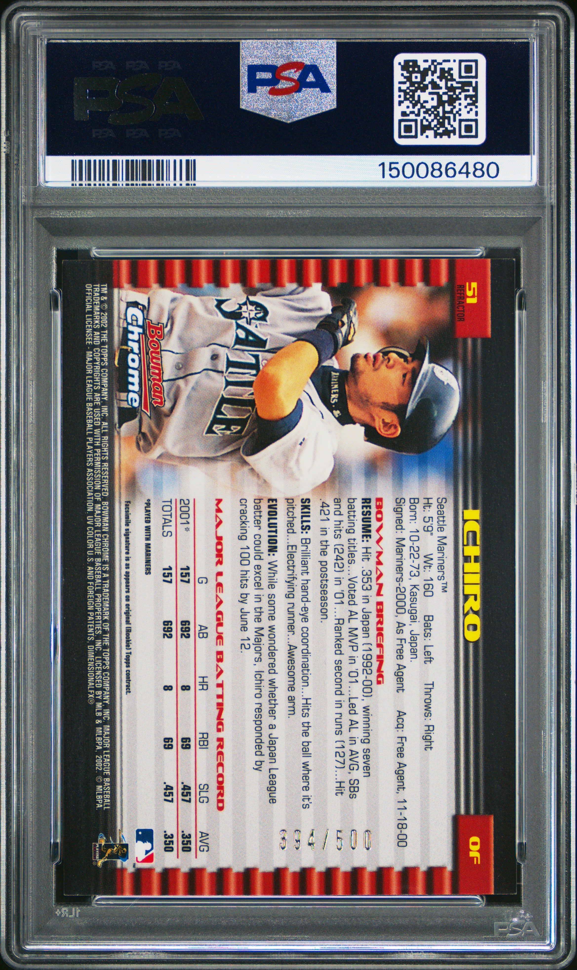 2002 Bowman Chrome Ichiro #51 Refractor Ref PSA 9 Mint