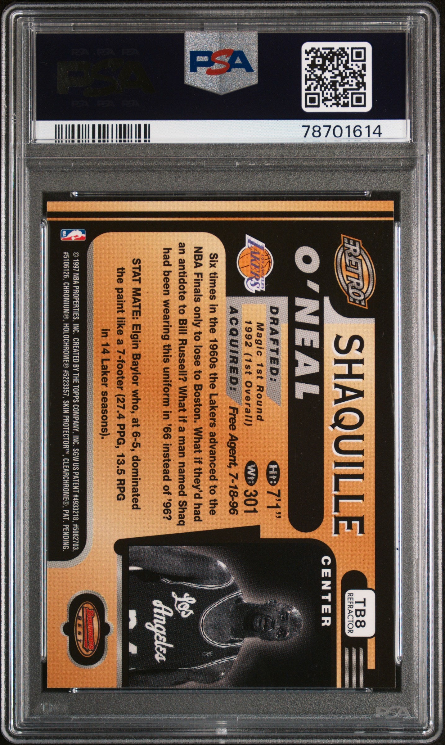 1996 Bowman's Best Retro Shaquille O'Neal #TB8 Refractor Refractor Low Pop PSA 9