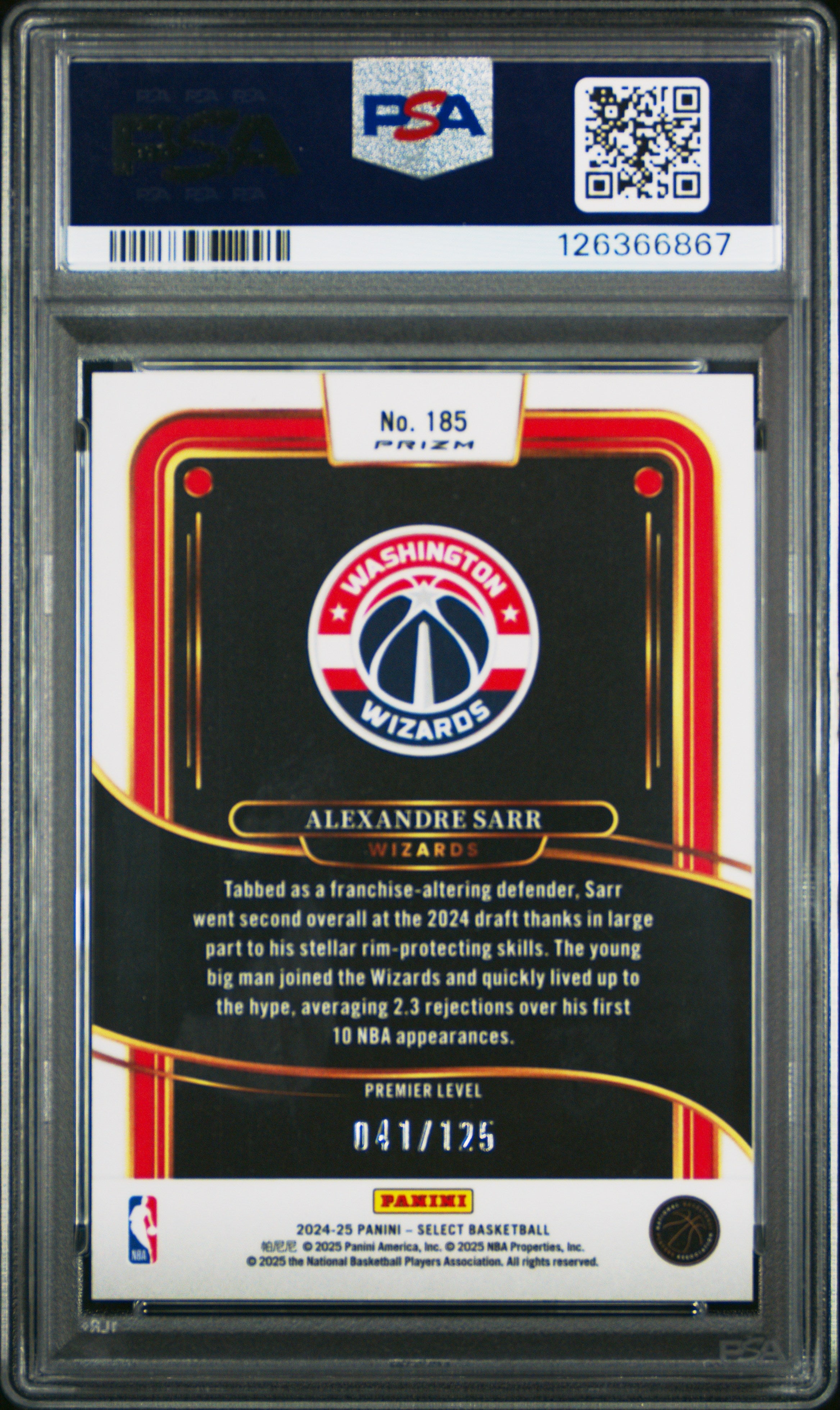 2024 Panini Select Alexandre Sarr #185 Rookie Green Camo Prizm  PSA 10