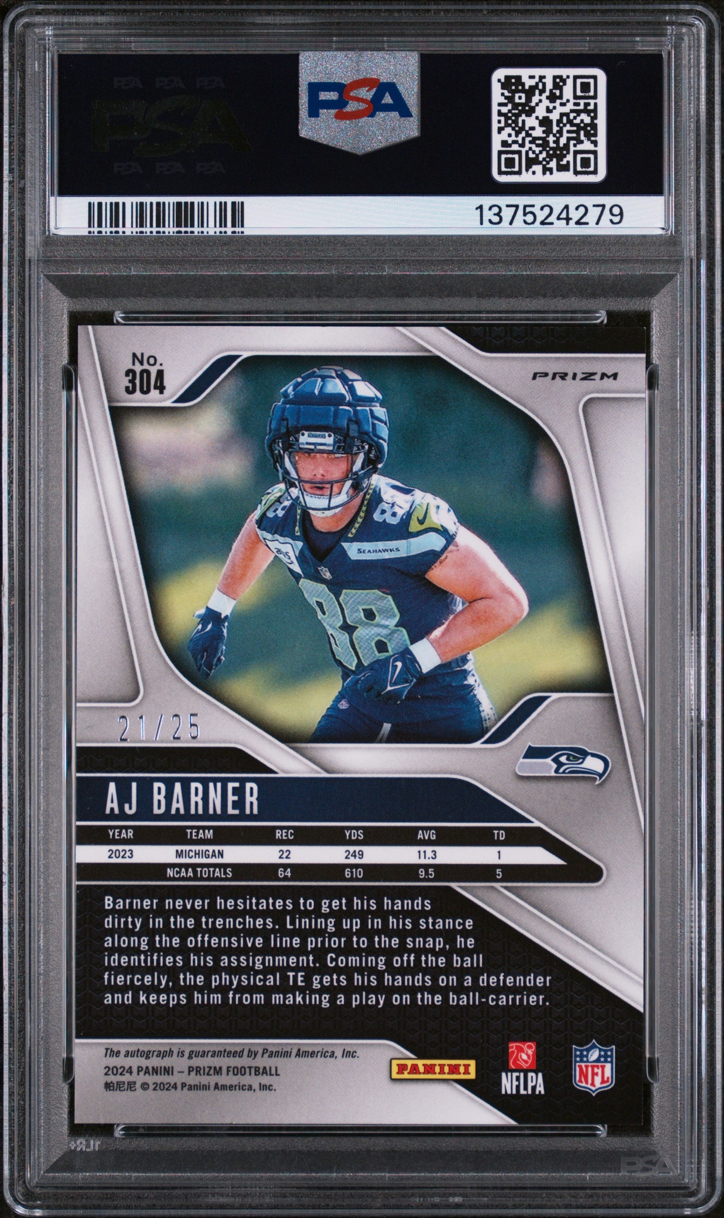 2024 Panini Prizm Aj Barner #304 Autograph Blue Shimmer /25 Mint Rookie PSA 9