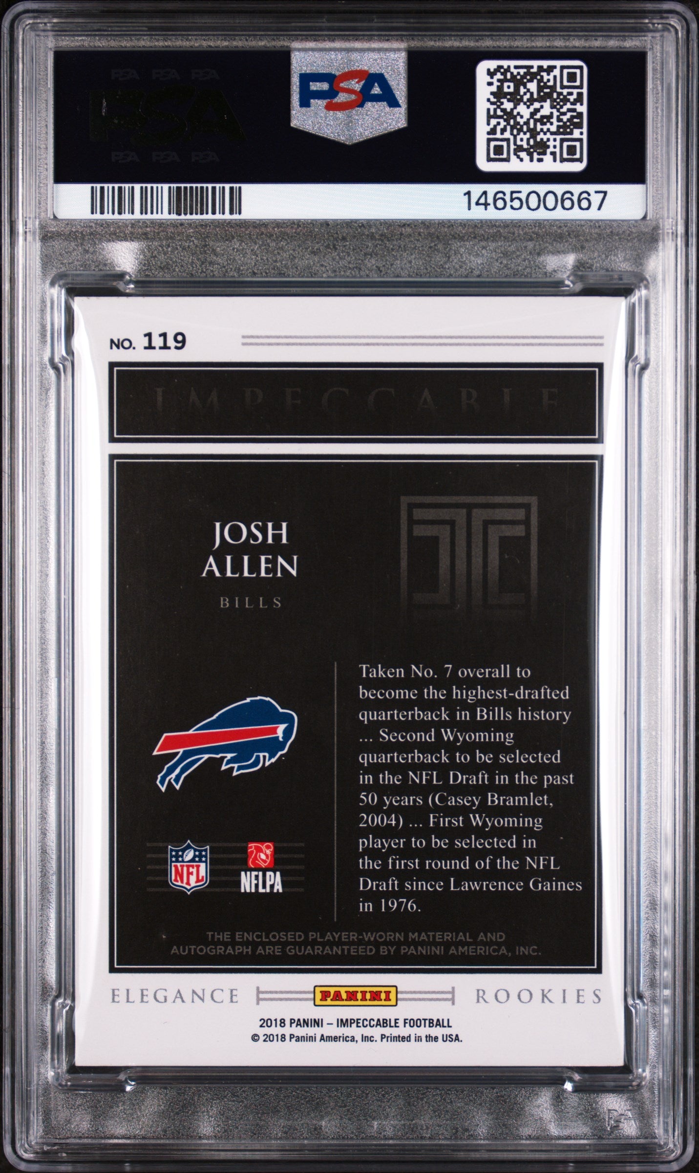 2018 Impeccable Josh Allen #119 RPA Rookie Helmet Patch Auto /75 PSA Auto 10