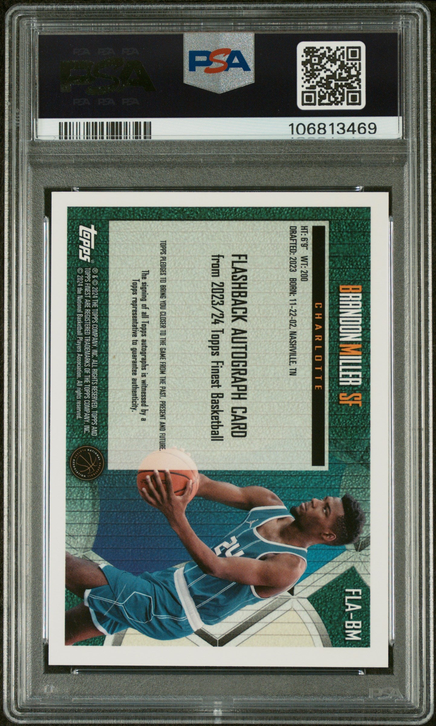 2023 Topps Finest Flashback Auto Rookie Brandon Miller Black Refractor 25 PSA 10