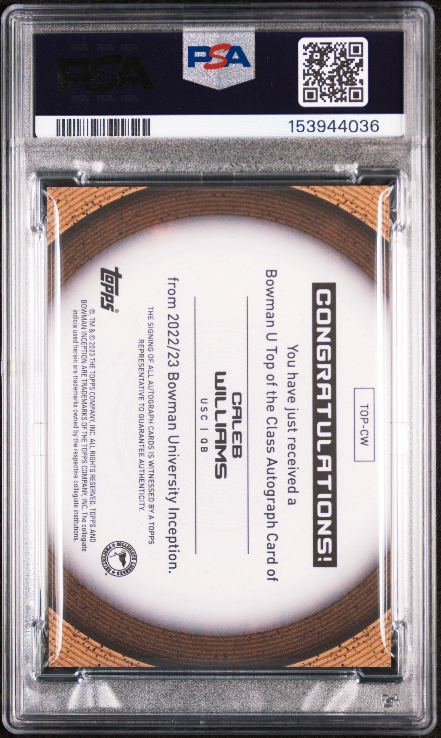 2022 Bowman University Inception Rookie Caleb Williams #CW /100 PSA 8 Auto 10