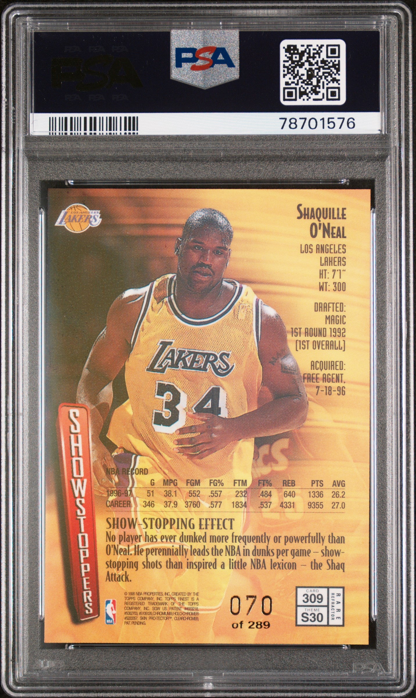 1997 Finest Shaquille O'Neal #309 Showstopper Rare Gold Refractor #/289 PSA 10