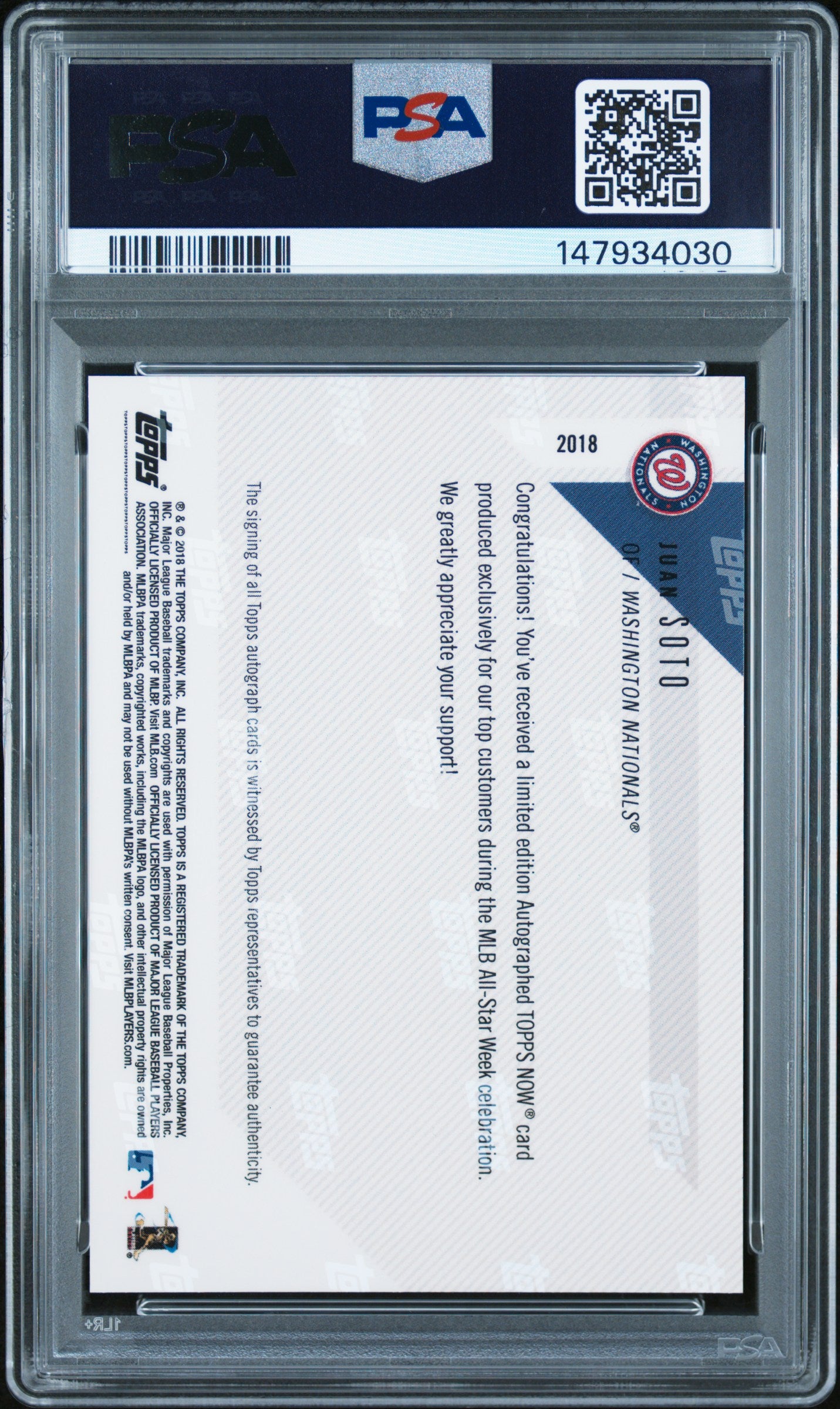 2018 Topps Now All-Star Week Celebration Autographs Juan Soto Auto Rookie PSA 9