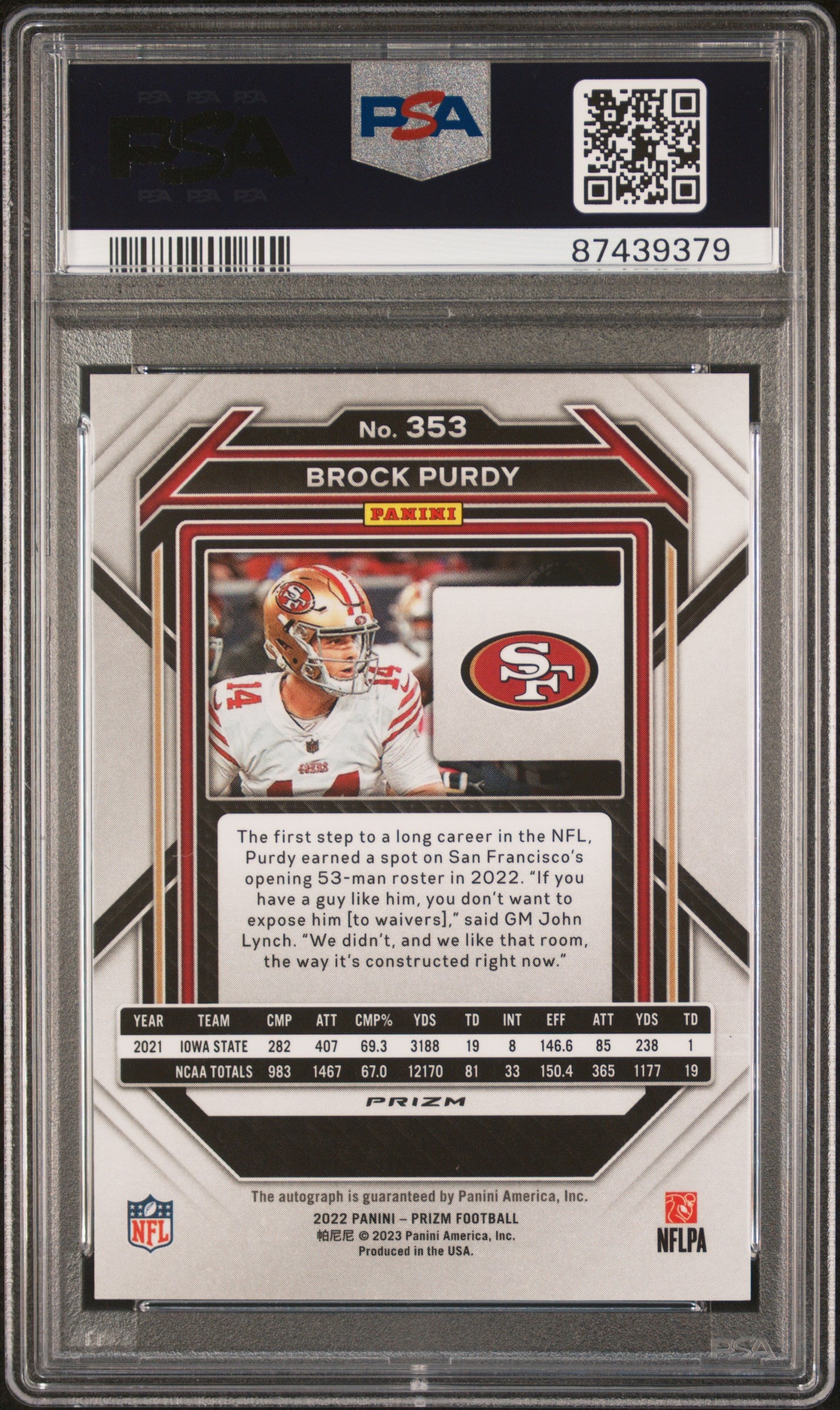 2022 Panini Prizm Brock Purdy #353 Autograph Rookie Silver Auto PSA 10 Gem