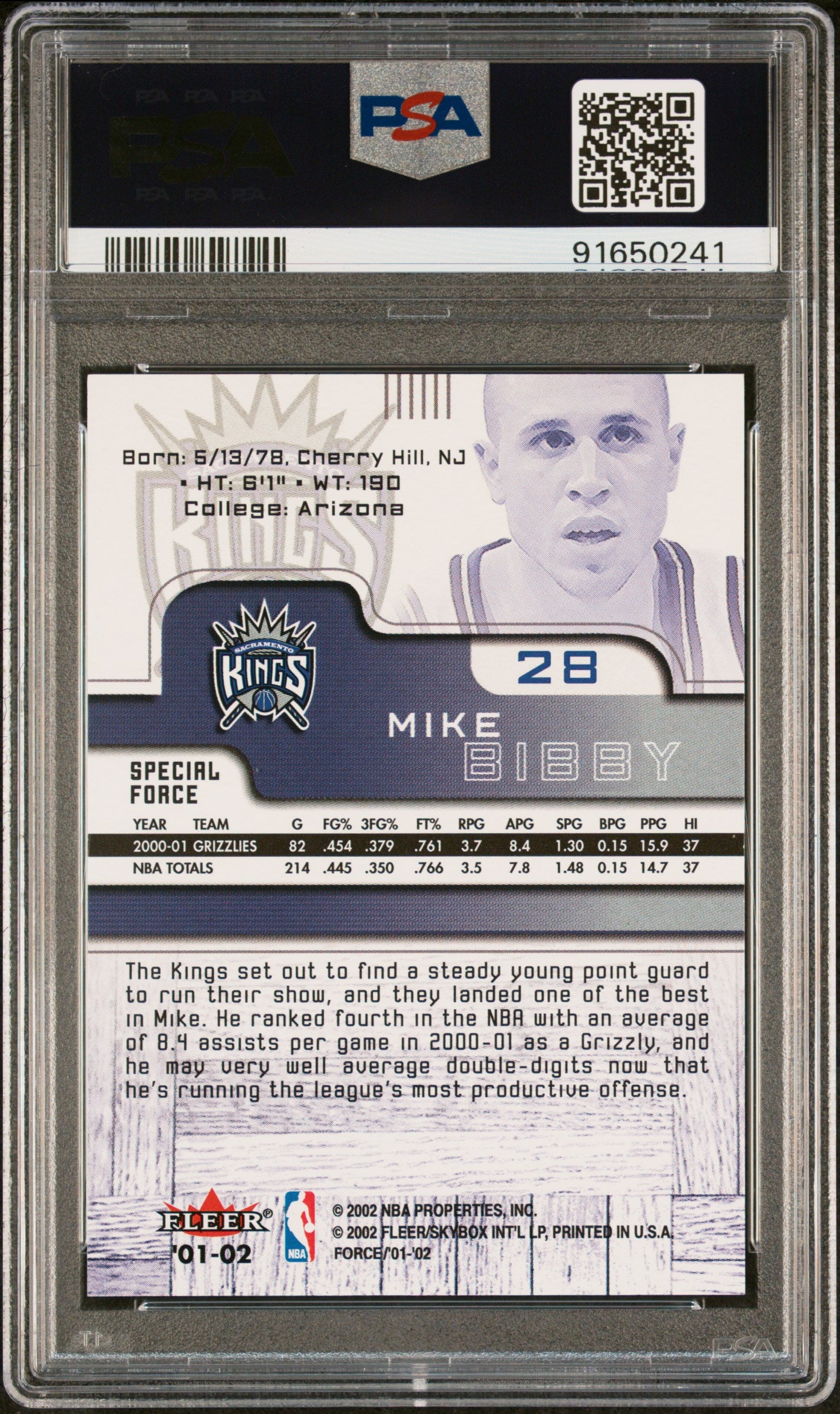 2001 Fleer Force Mike Bibby #28 Special Forces #/250 SP Rare PSA 10 POP 1 Kings