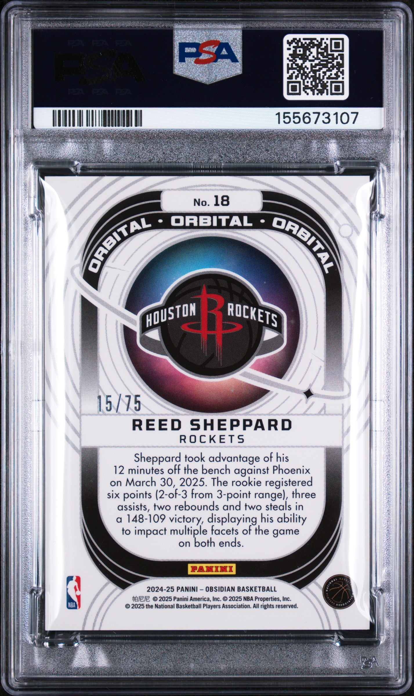 2024 Obsidian Orbital Reed Sheppard Rookie Purple Flood Jersey Num 15/75 PSA 10