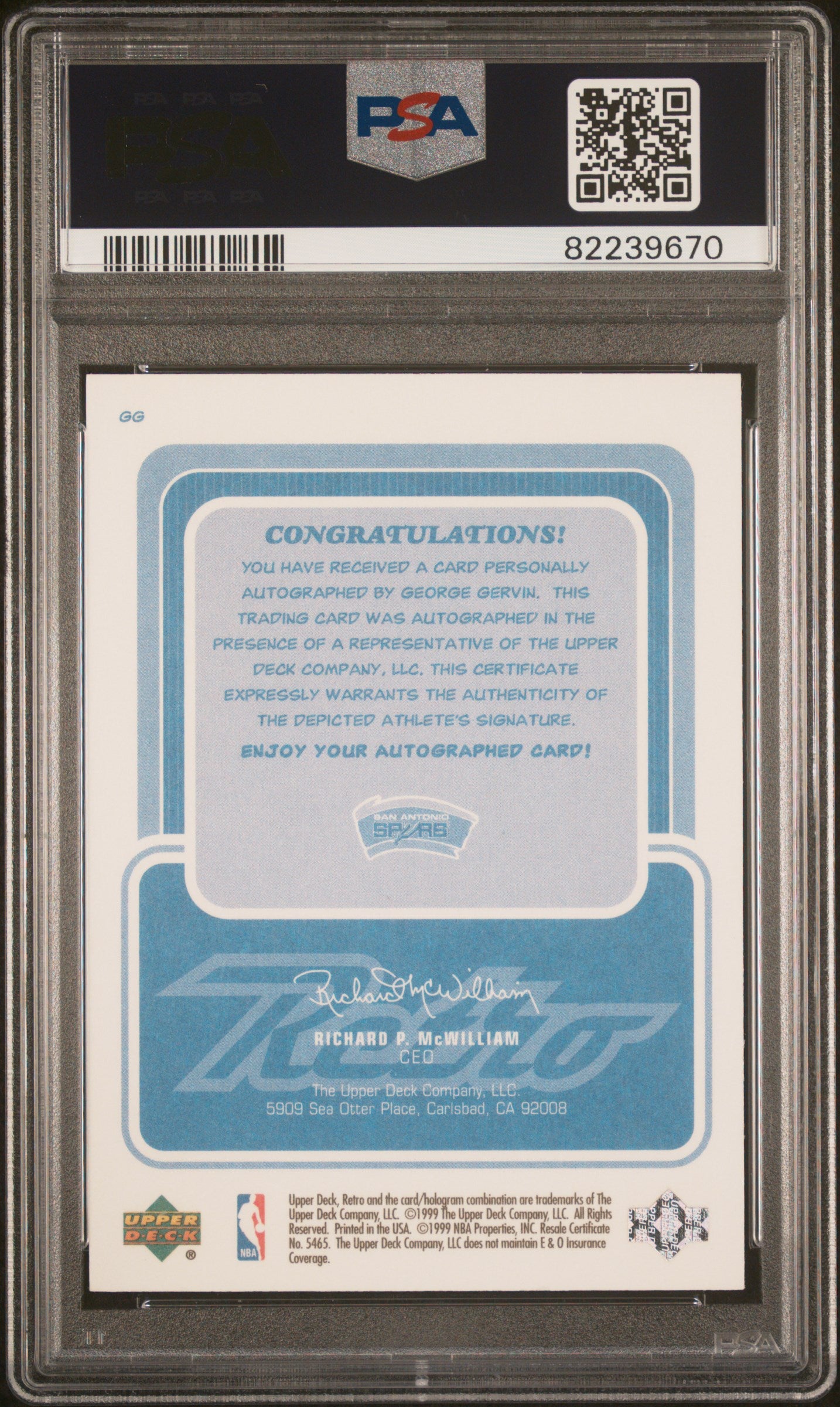 1999 Upper Deck Retro Inkredible George Gervin #GG Gem Mint Autograph PSA 10
