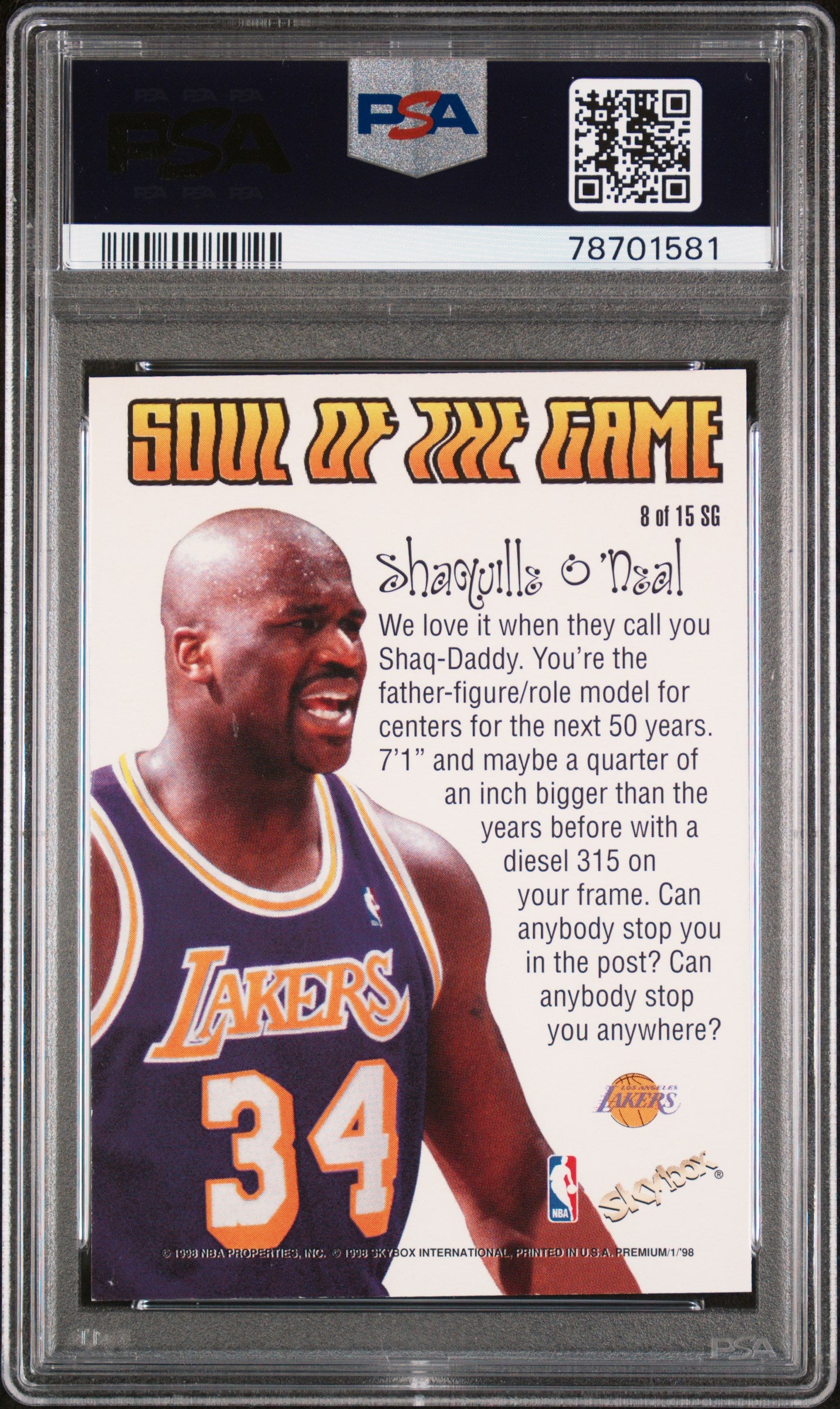 1998 Skybox Premium Soul Of The Game Shaquille O'Neal #8 Mint SP PSA 9