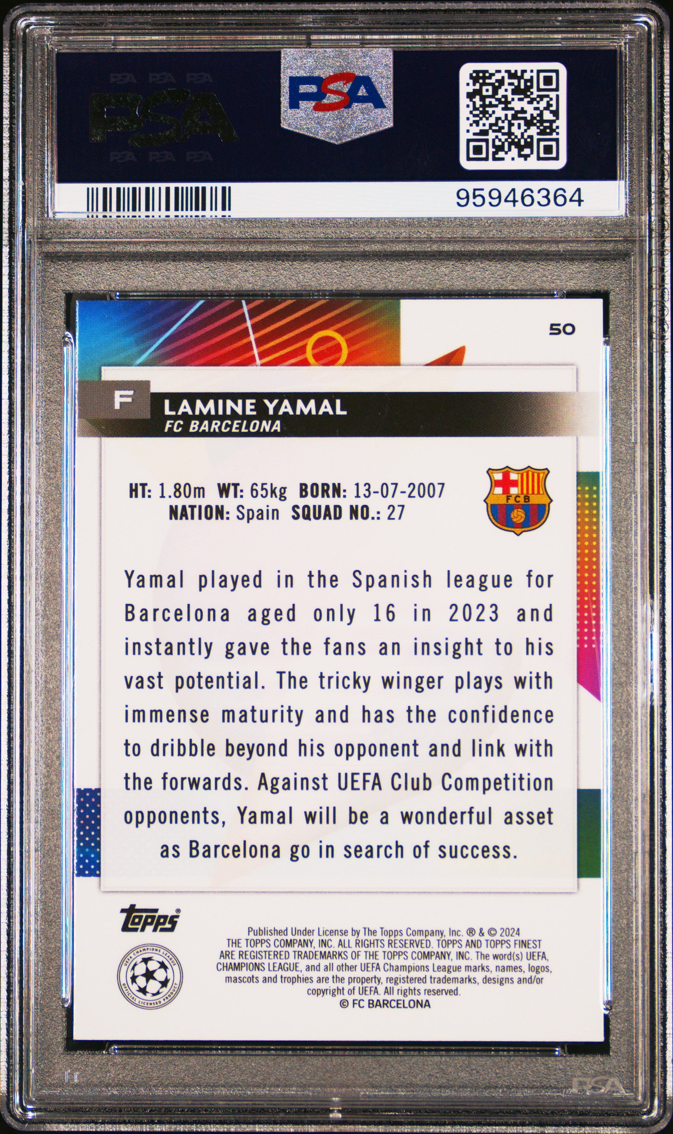2023-24 Topps Finest UEFA Club Comp Lamine Yamal #50 Rookie RC PSA 10 Gem
