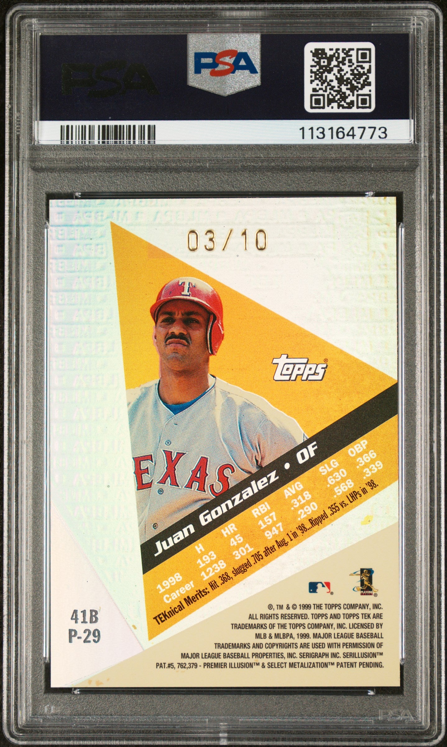 1999 Topps Tek Gold Juan Gonzalez #41B MLB LOGO #/10 Pattern 29 PSA 9