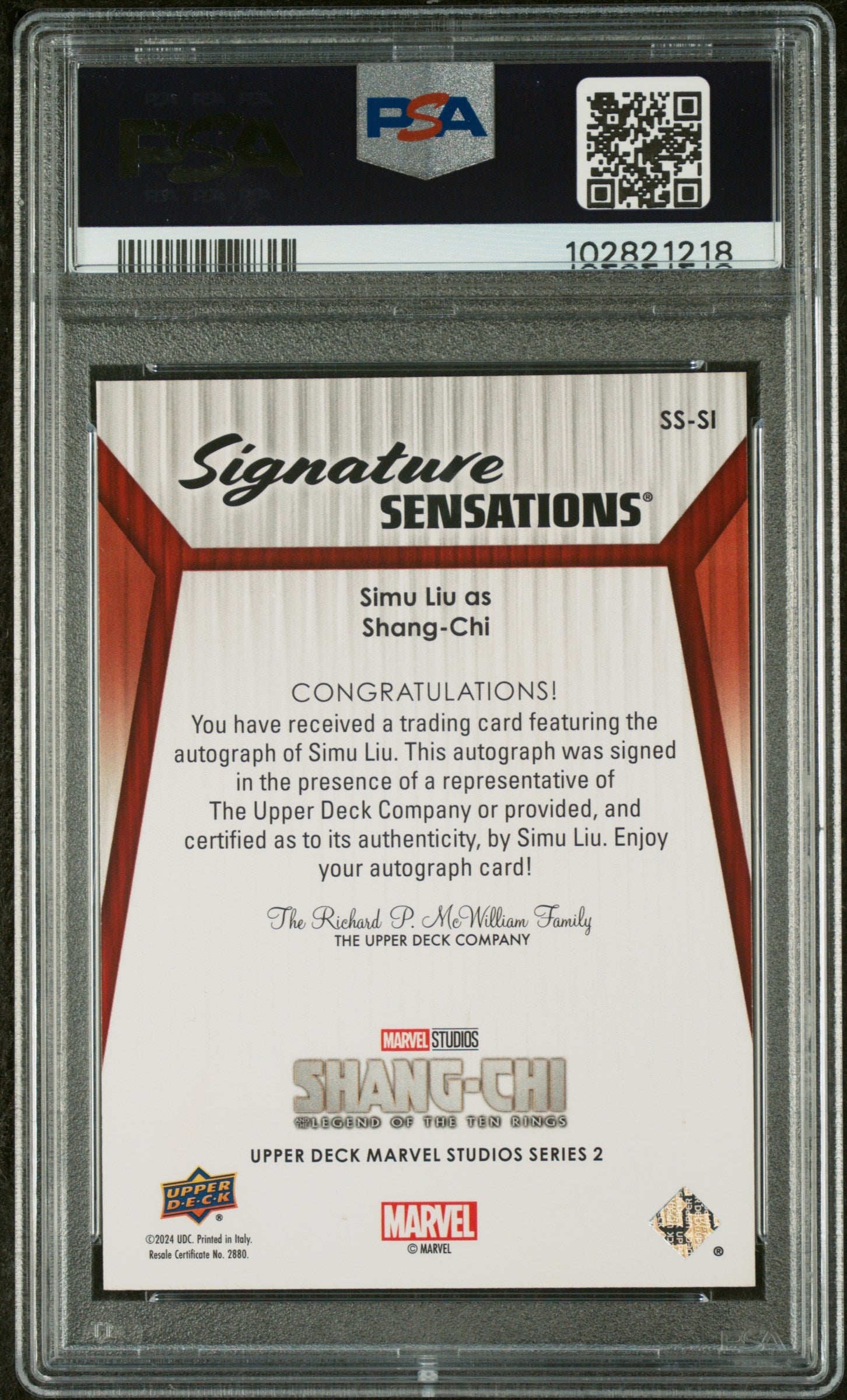 2024 UD Marvel Studios Simu Liu Shang-Chi Inscription Autograph PSA Auth 10 Auto