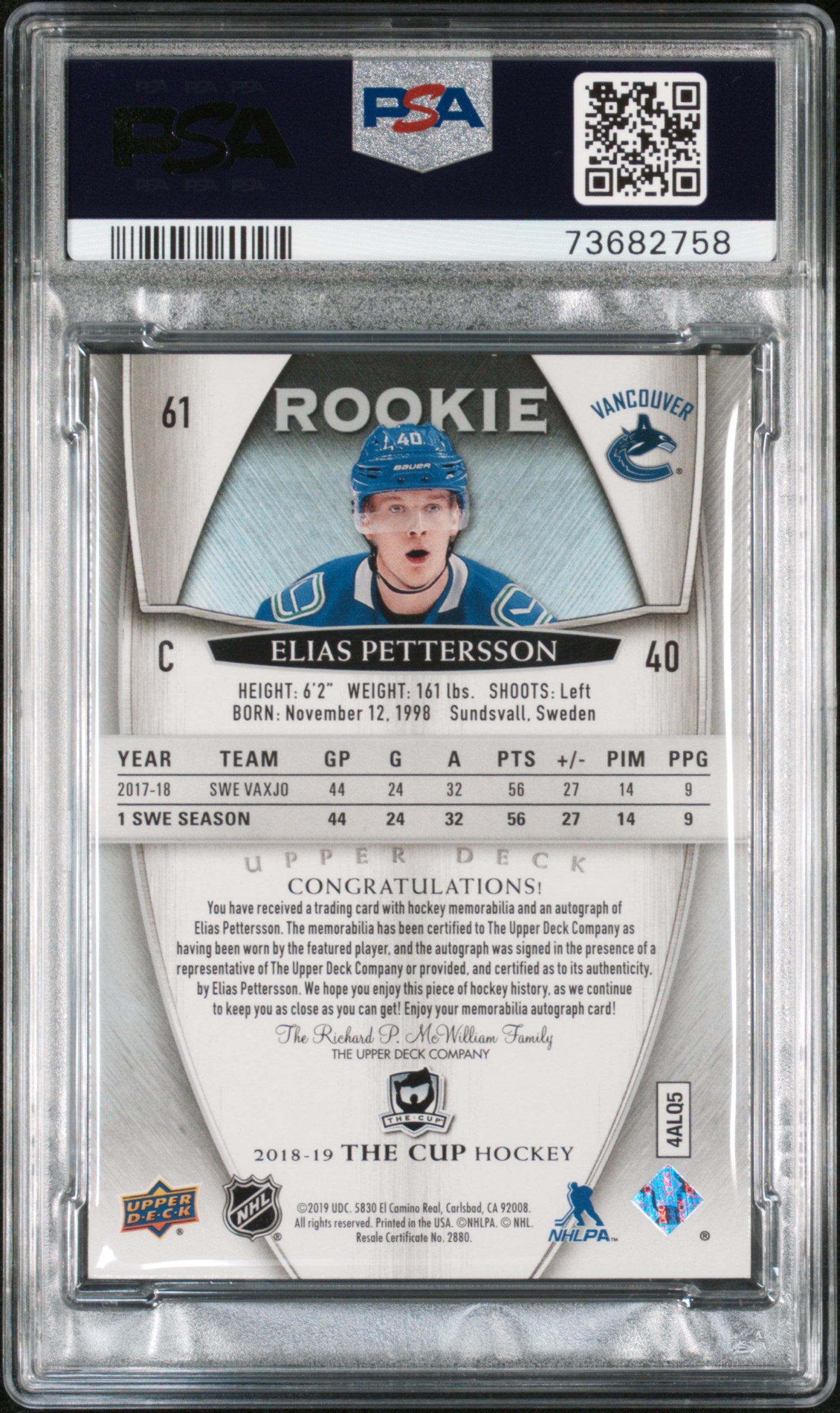 2018 Upper Deck The Cup Elias Pettersson #61 PSA 8 RPS Rookie Auto Patch #/99