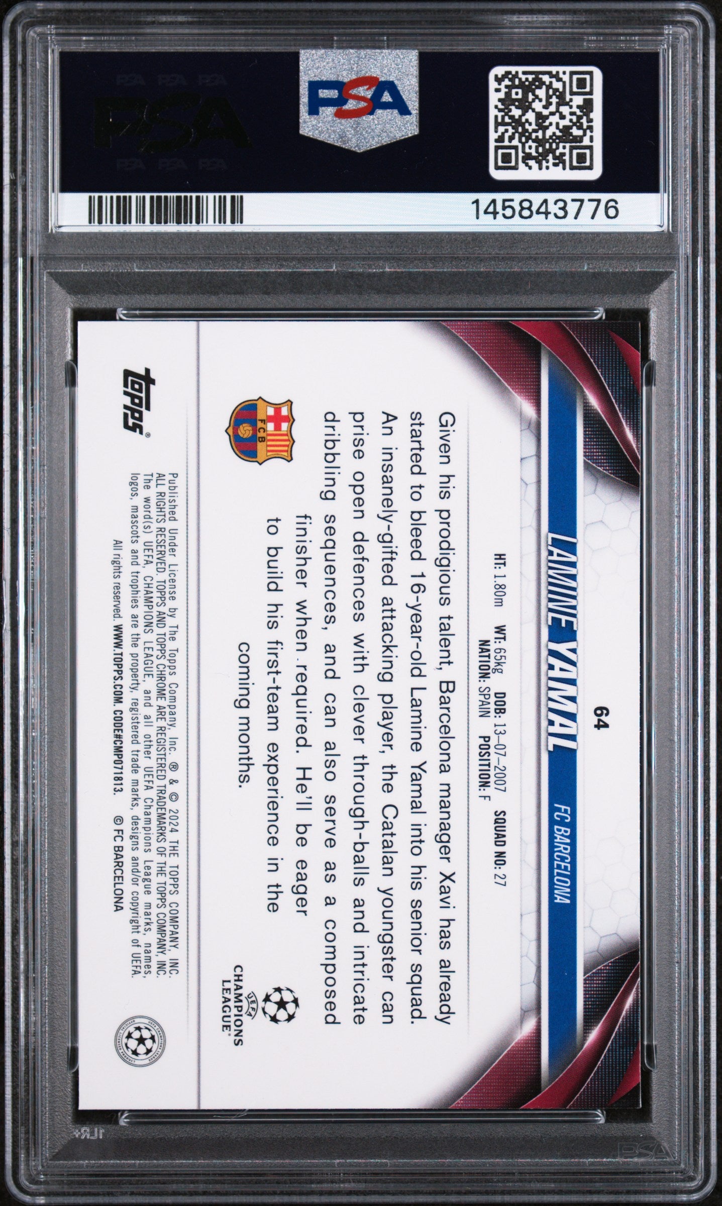 2023-24 Topps Chrome UEFA Club Lamine Yamal #64 Rookie RC PSA 10 Gem Spain
