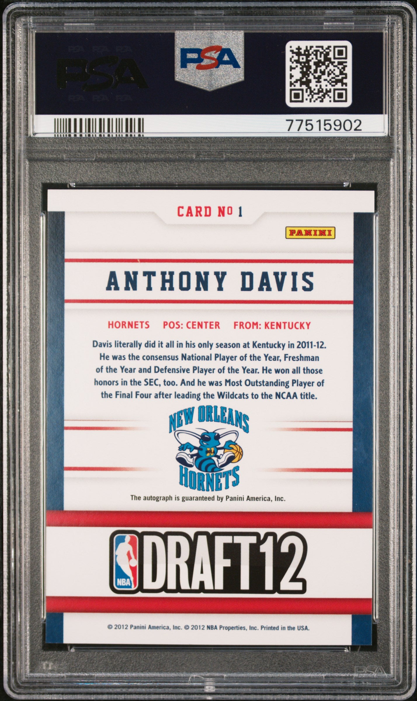 2012 Panini Hoops Draft Night Anthony Davis #1 Signature Rookie Auto SP PSA 10