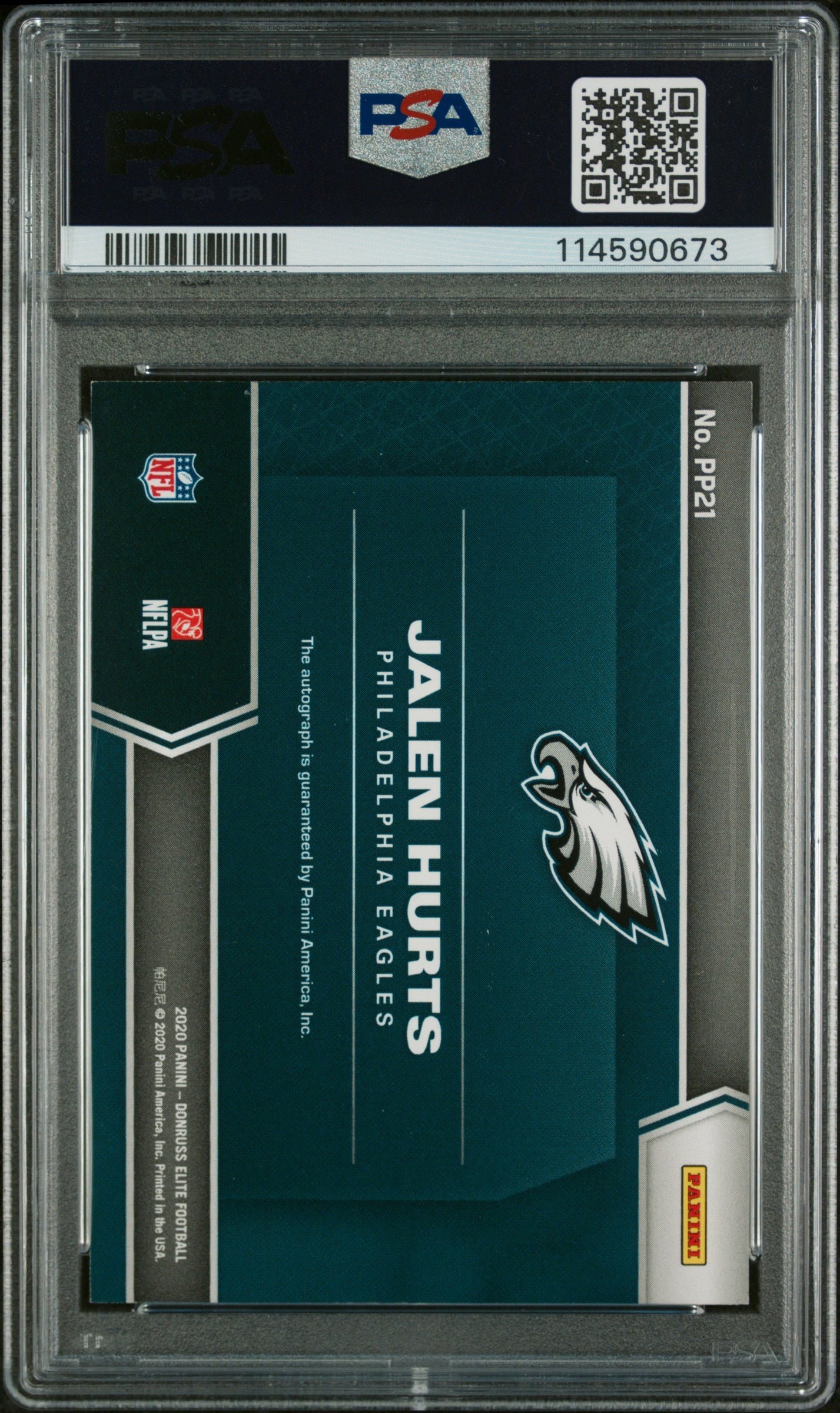 2020 Donruss Elite Pen Pals Jalen Hurts Green Ink SP/10 PSA 7 Rookie Eagles