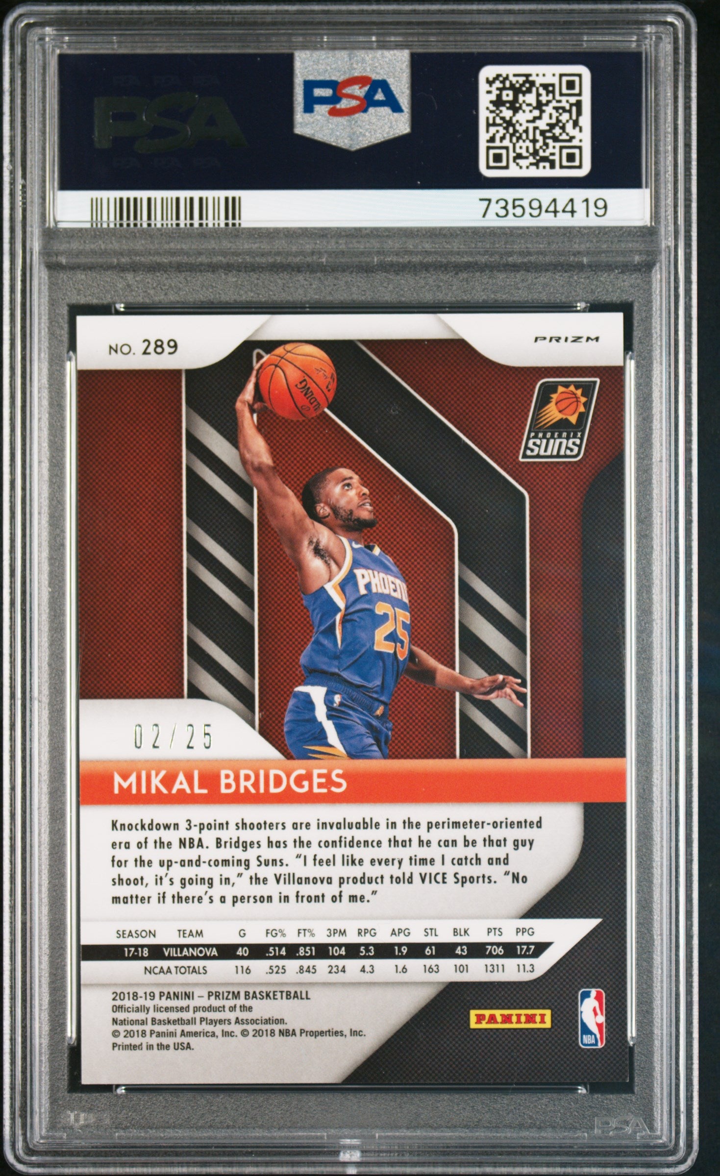 2018 Prizm Mikal Bridges #289 Green Pulsar Rookie #/25 PSA 9 Mint Champ Knicks
