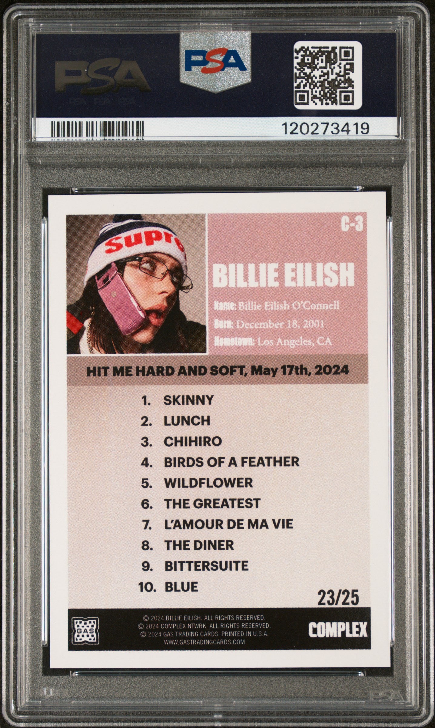 2024 G.A.S. X Complex Cover Billie Eilish Purple Signature Autograph /25 PSA 8