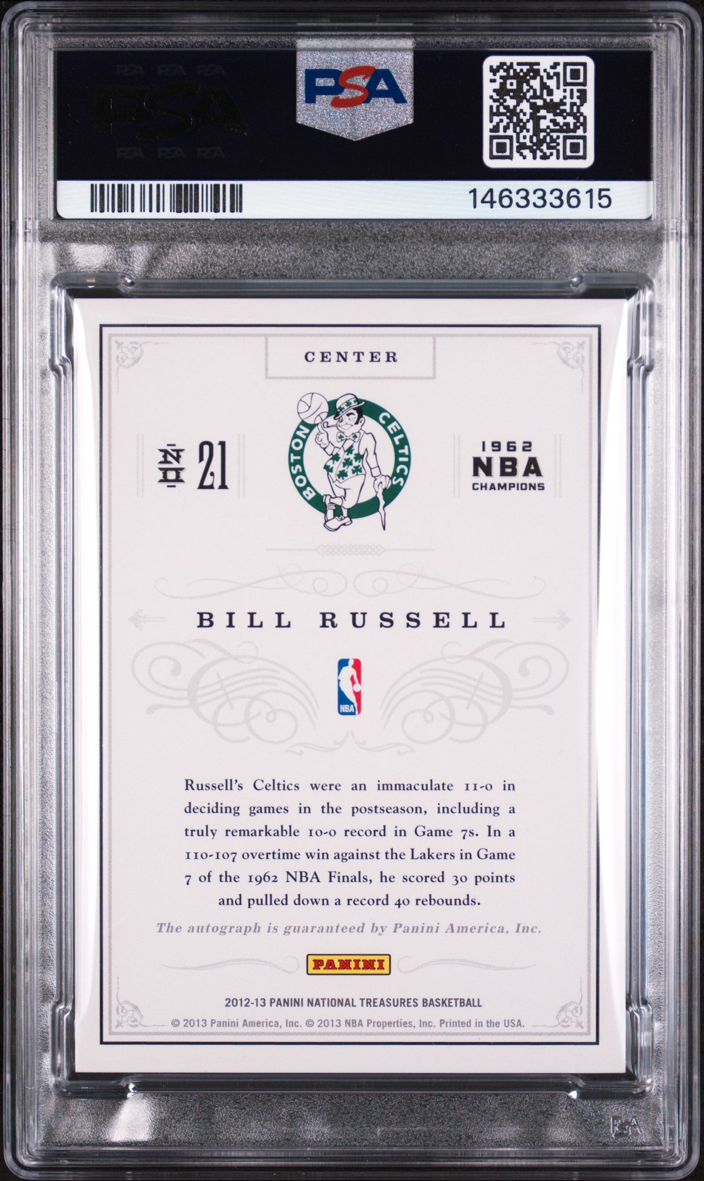 2012 National Treasures Champions Bill Russell #21 Champs Gold P /24 PSA Auto 10