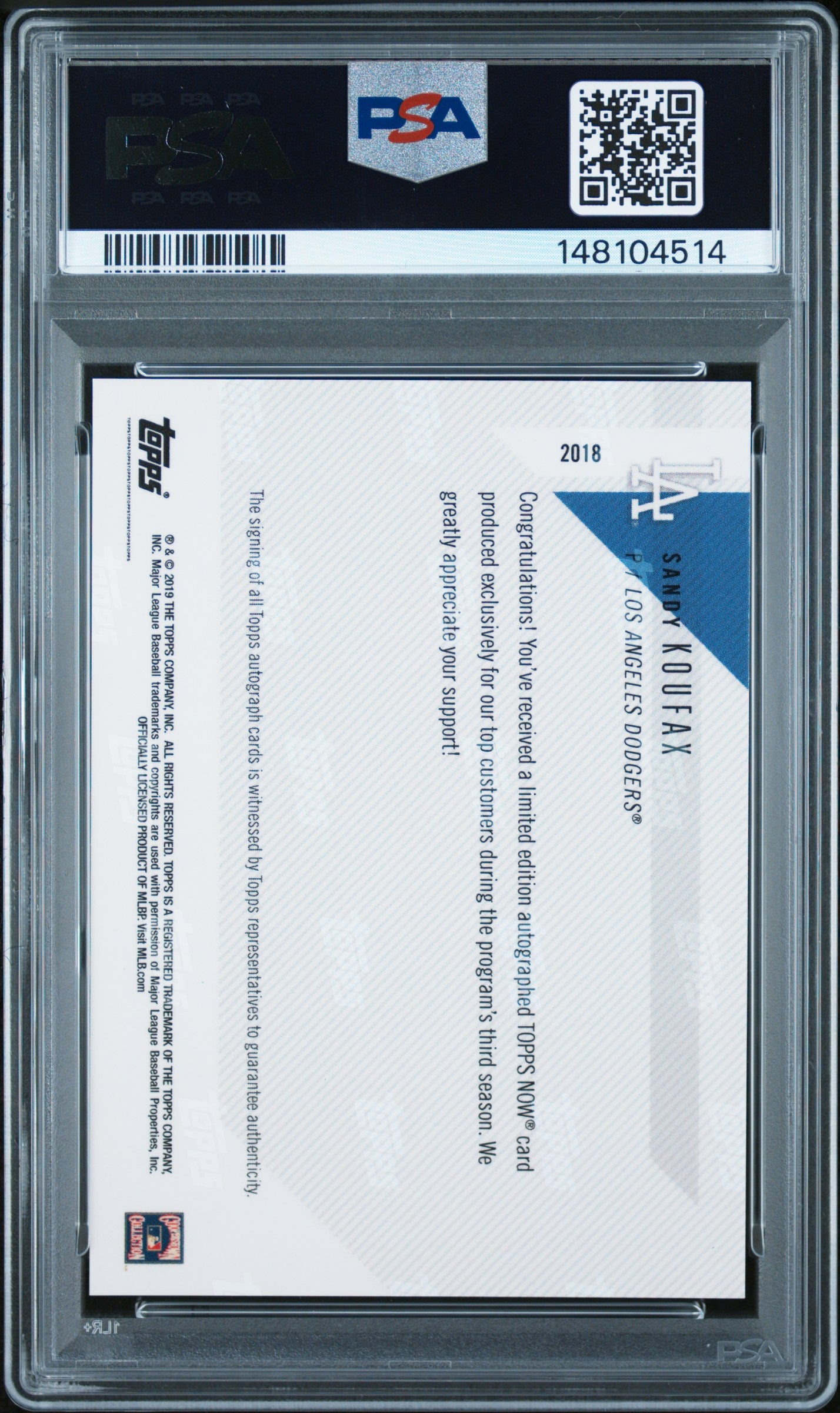 2019 Topps Now Platinum Member-Autograph Sandy Koufax SP PSA 10 Auto 10 POP 1