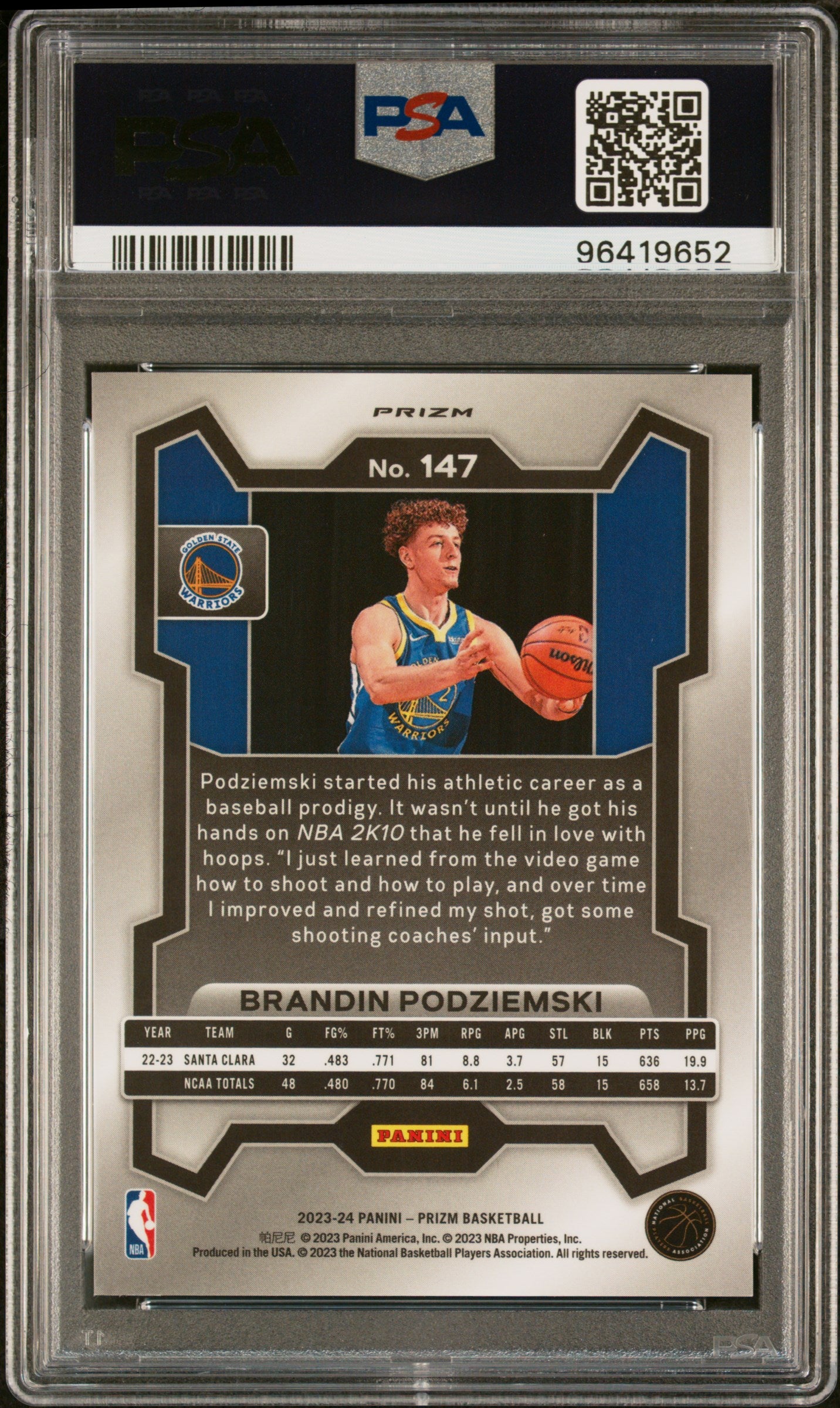 2023 Panini Prizm Brandin Podziemski #147 Rookie Glitter SP RC PSA 10