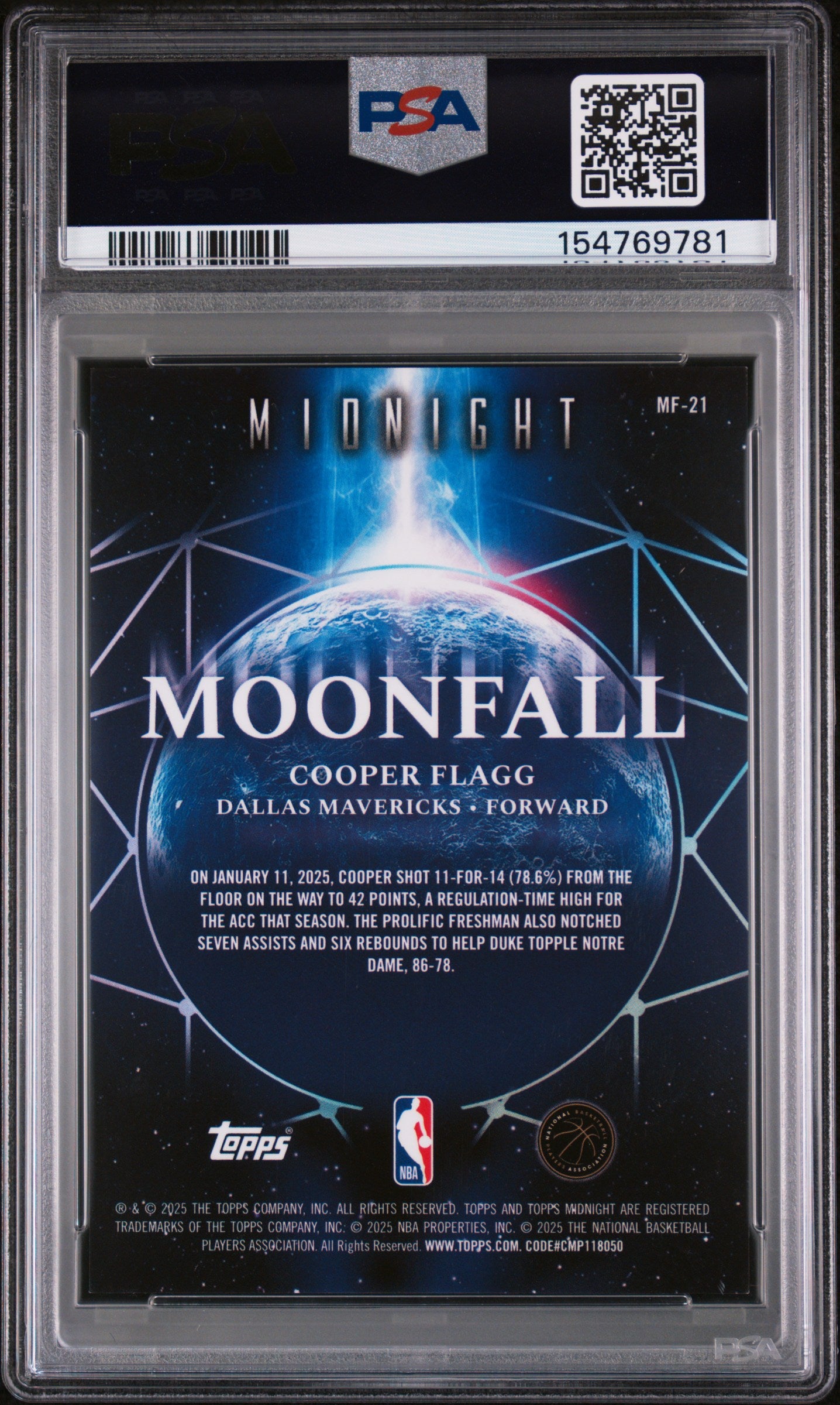 2025 Topps Midnight Moonfall Cooper Flagg Rookie Witching Hour #1/3 PSA 9
