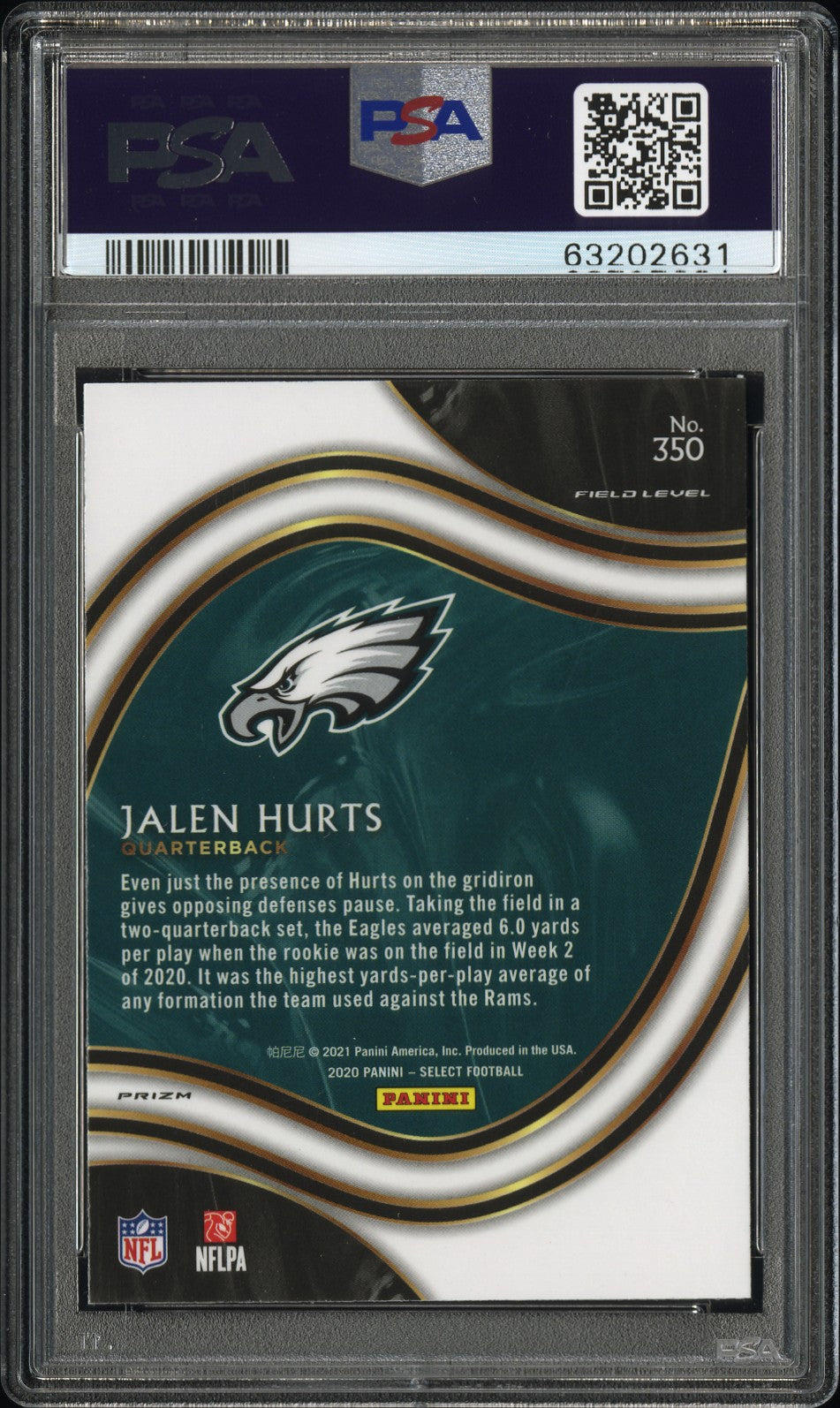 2020 Panini Select Jalen Hurts #350 Cosmic Prizm Field Level Rookie SP PSA 10