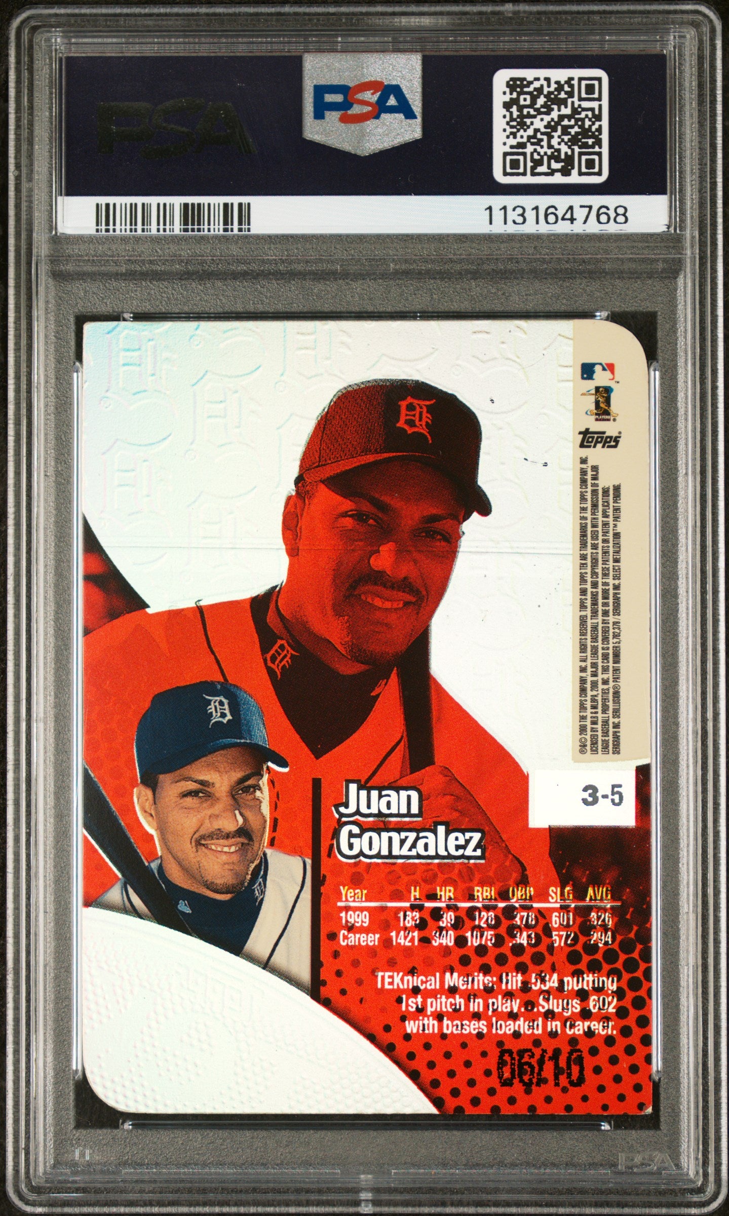 2000 Topps Tek Juan Gonzalez #3-5 Gold #/10 Team Logo Pattern PSA 8