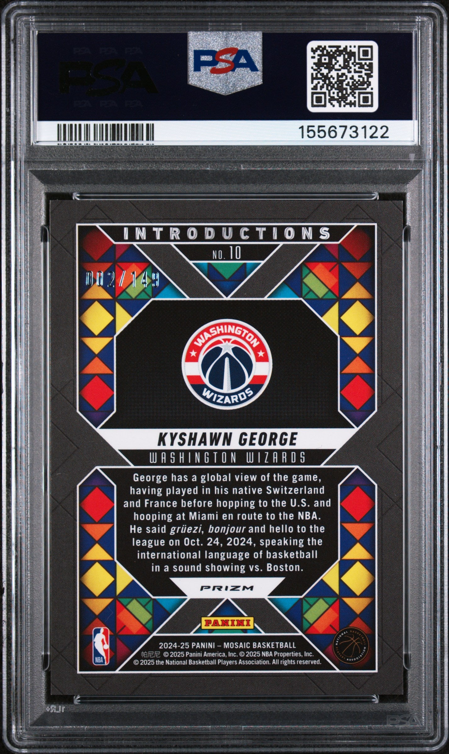 2024 Mosaic Introductions Rookie Kyshawn George #10 Pink Prizm /149 PSA 10 POP 1