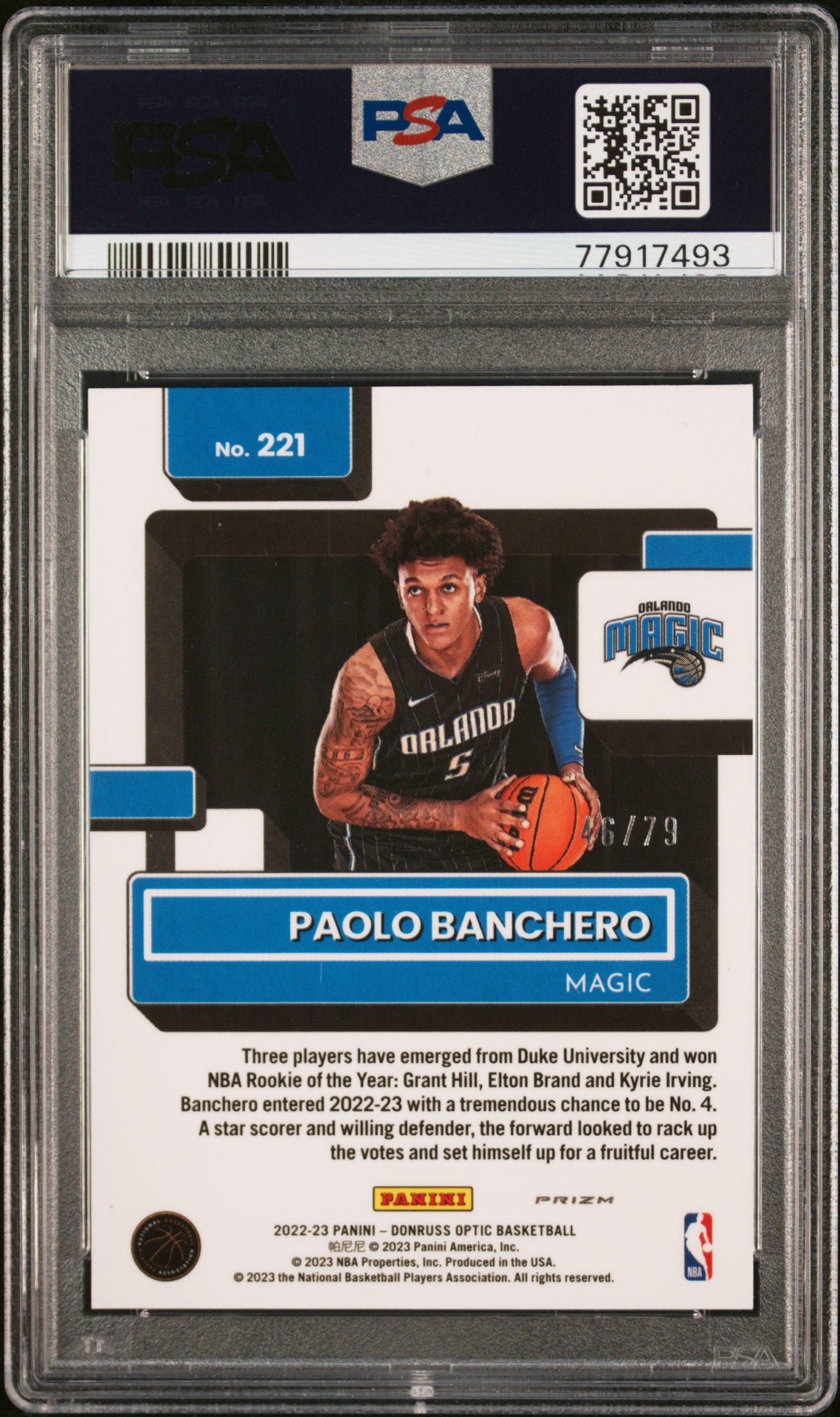 2022 Panini Donruss Optic Paolo Banchero #221 Pink Velocity Rookie RC /79 PSA 10