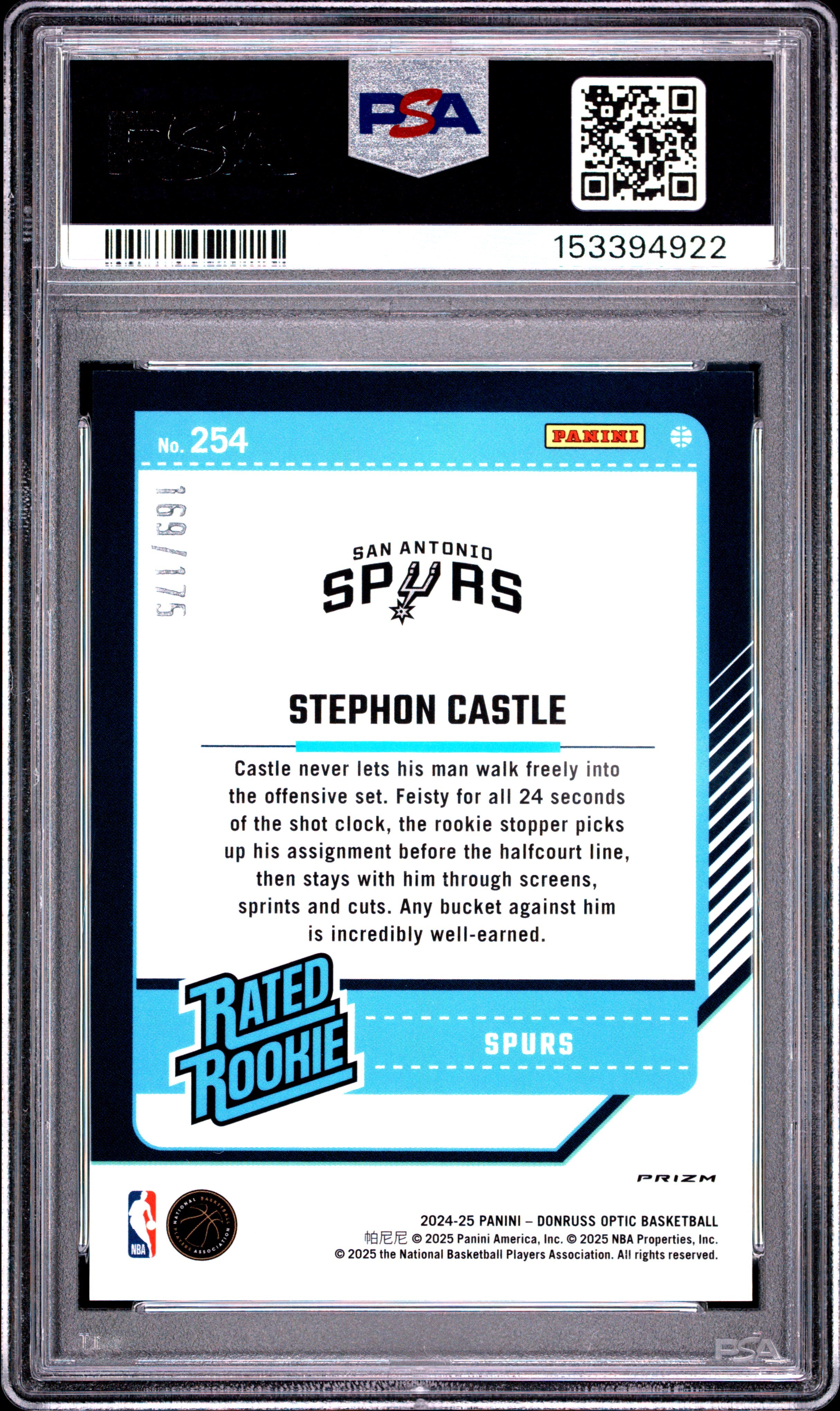 2024 Donruss Optic Stephon Castle #254 Orange Prizm Rookie /175 PSA 10 POP 11